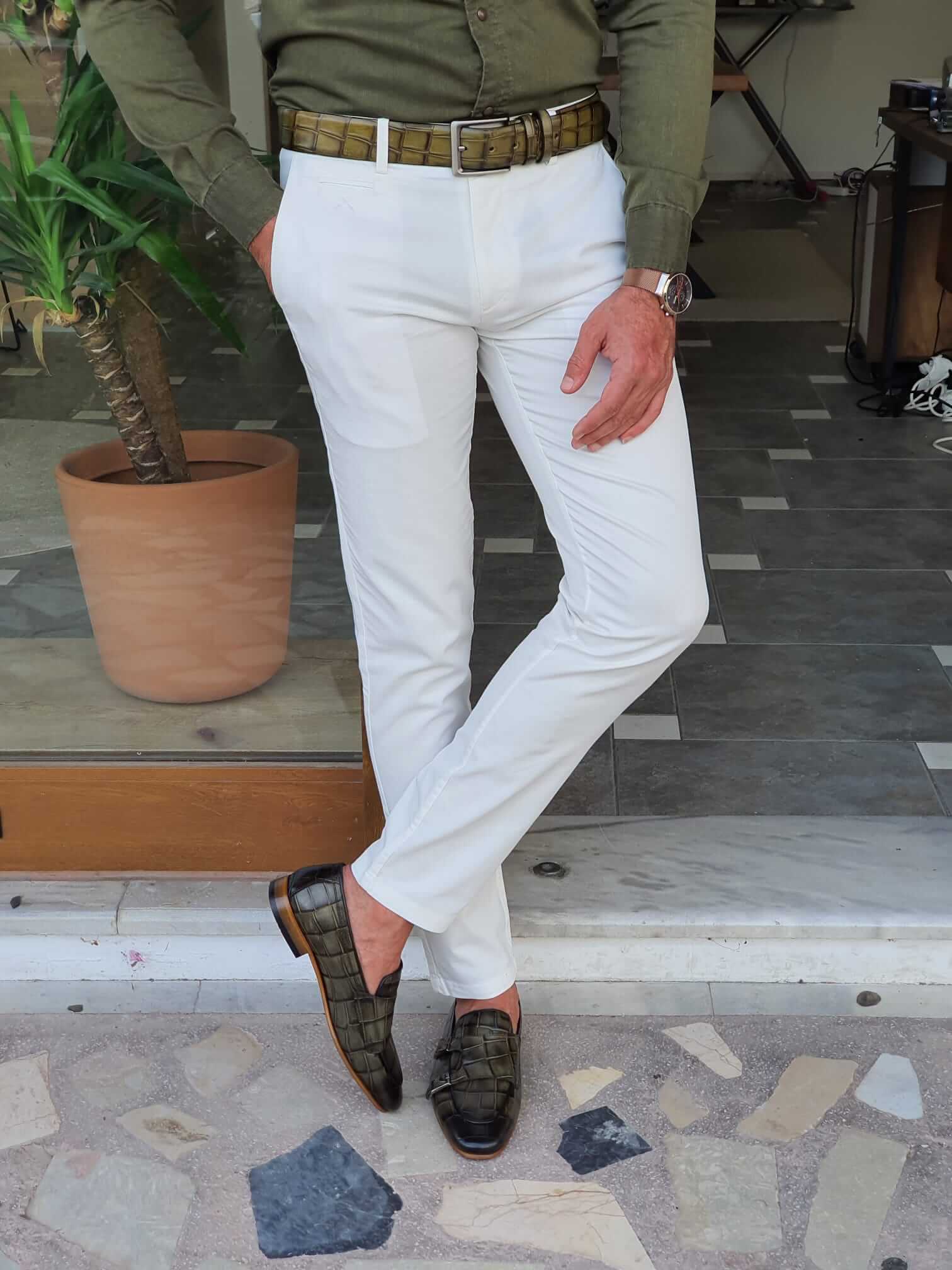 Slim Fit White Cotton Stretch Pants for Men. - Image 2