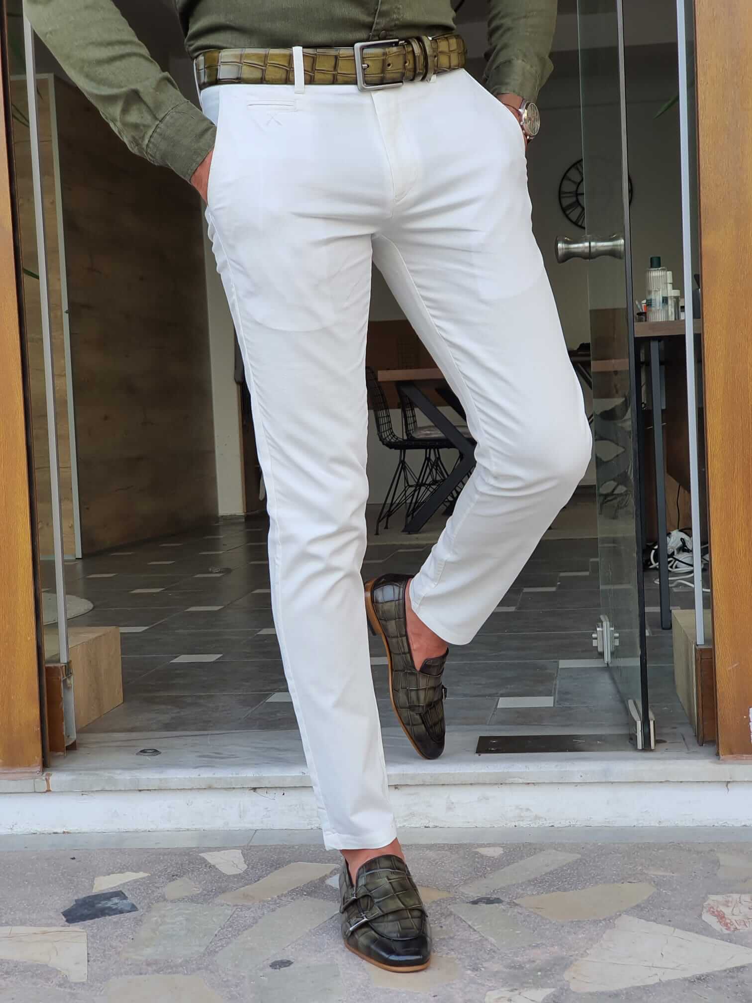 Slim Fit White Cotton Stretch Pants for Men. - Image 4