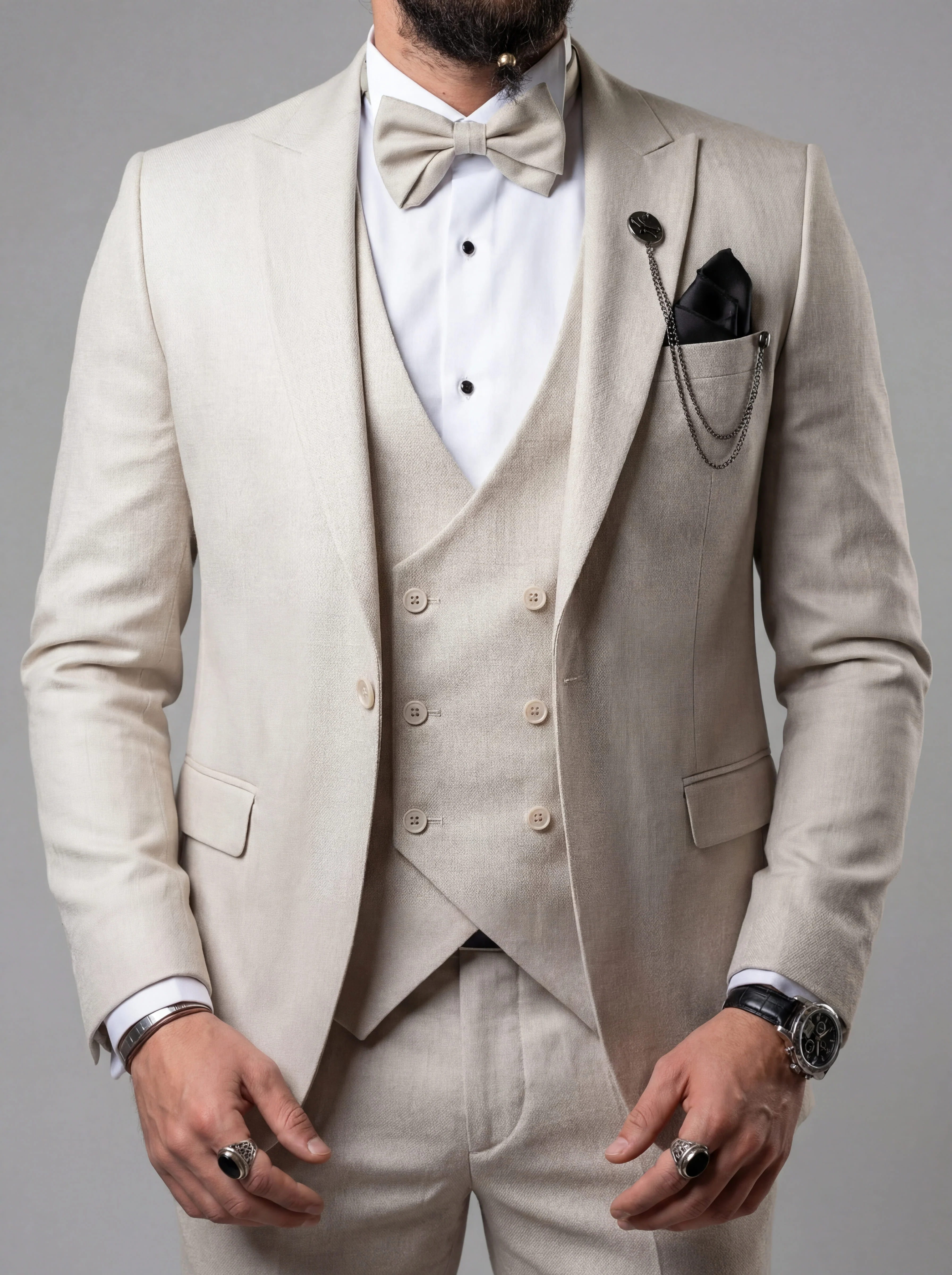 Beige 3 Piece Slim Fit Prom Tuxedo - Image 5