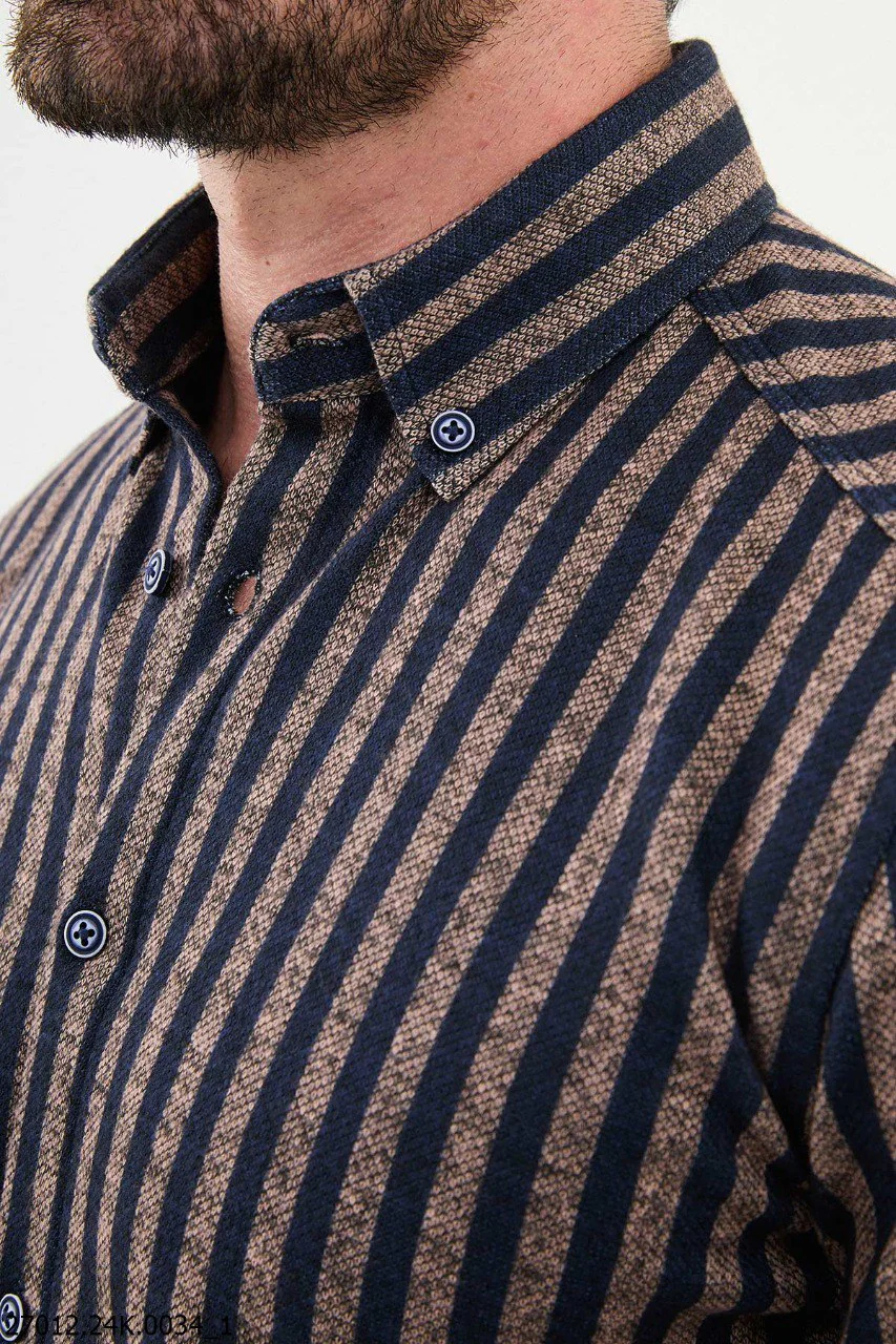 Beige and Navy Blue Striped Men's Shirt. - Image 2