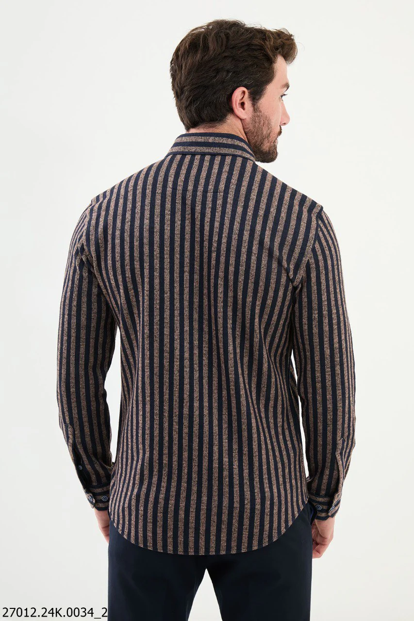 Beige and Navy Blue Striped Men's Shirt. - Image 3