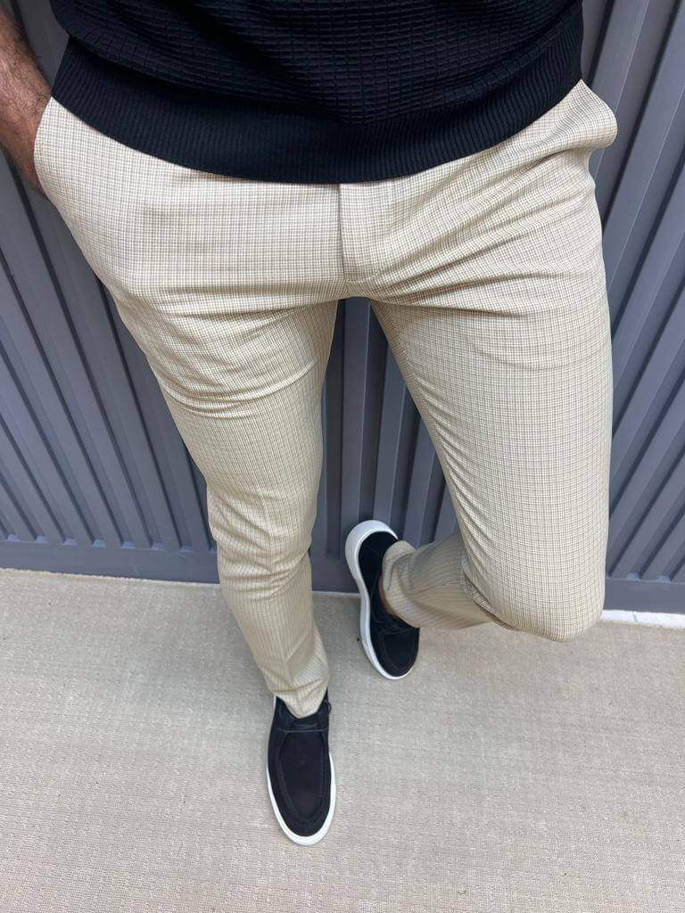 HolloMen Beige Slim Fit Checkered Casual Trousers. - Image 3