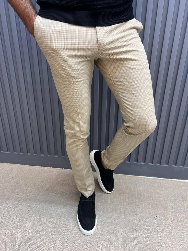 HolloMen Beige Slim Fit Checkered Casual Trousers. - Image 4
