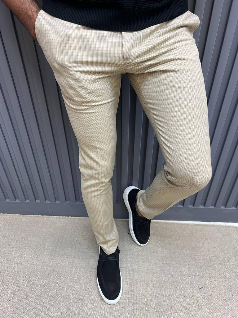 HolloMen Beige Slim Fit Checkered Casual Trousers. - Image 5