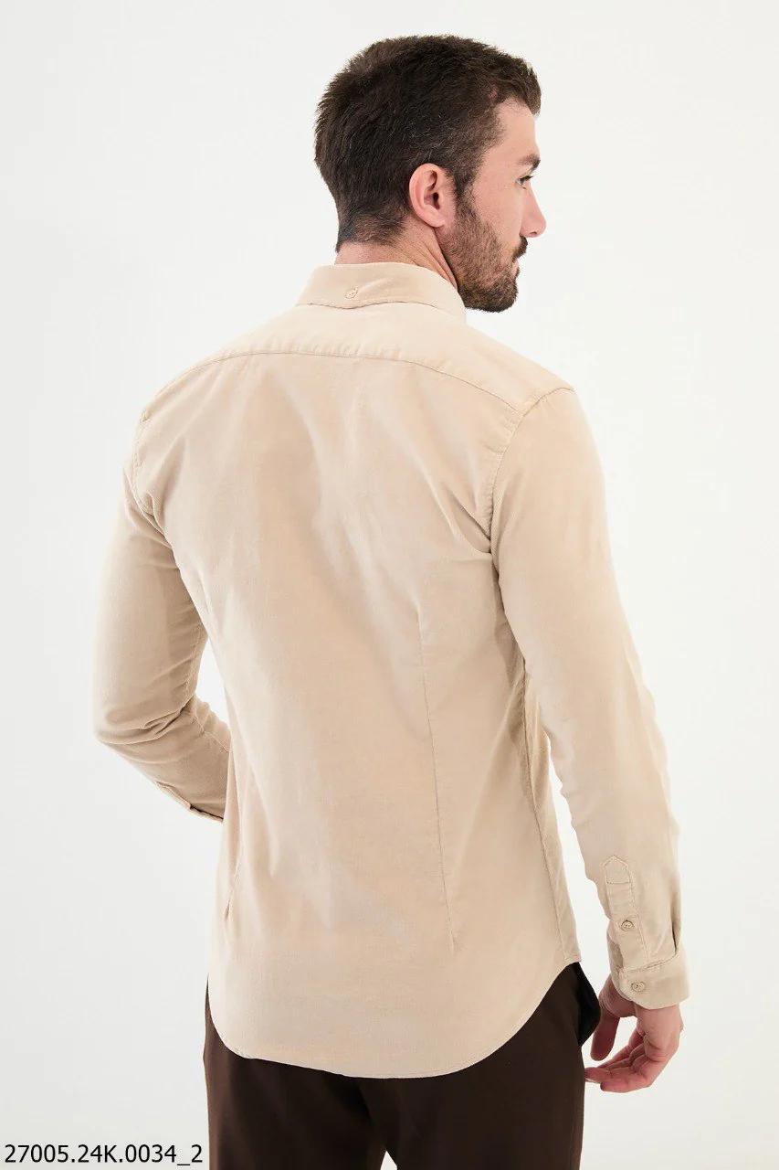 Beige Corduroy Button-Up Shirt with Dual Flap Pockets. - Image 3
