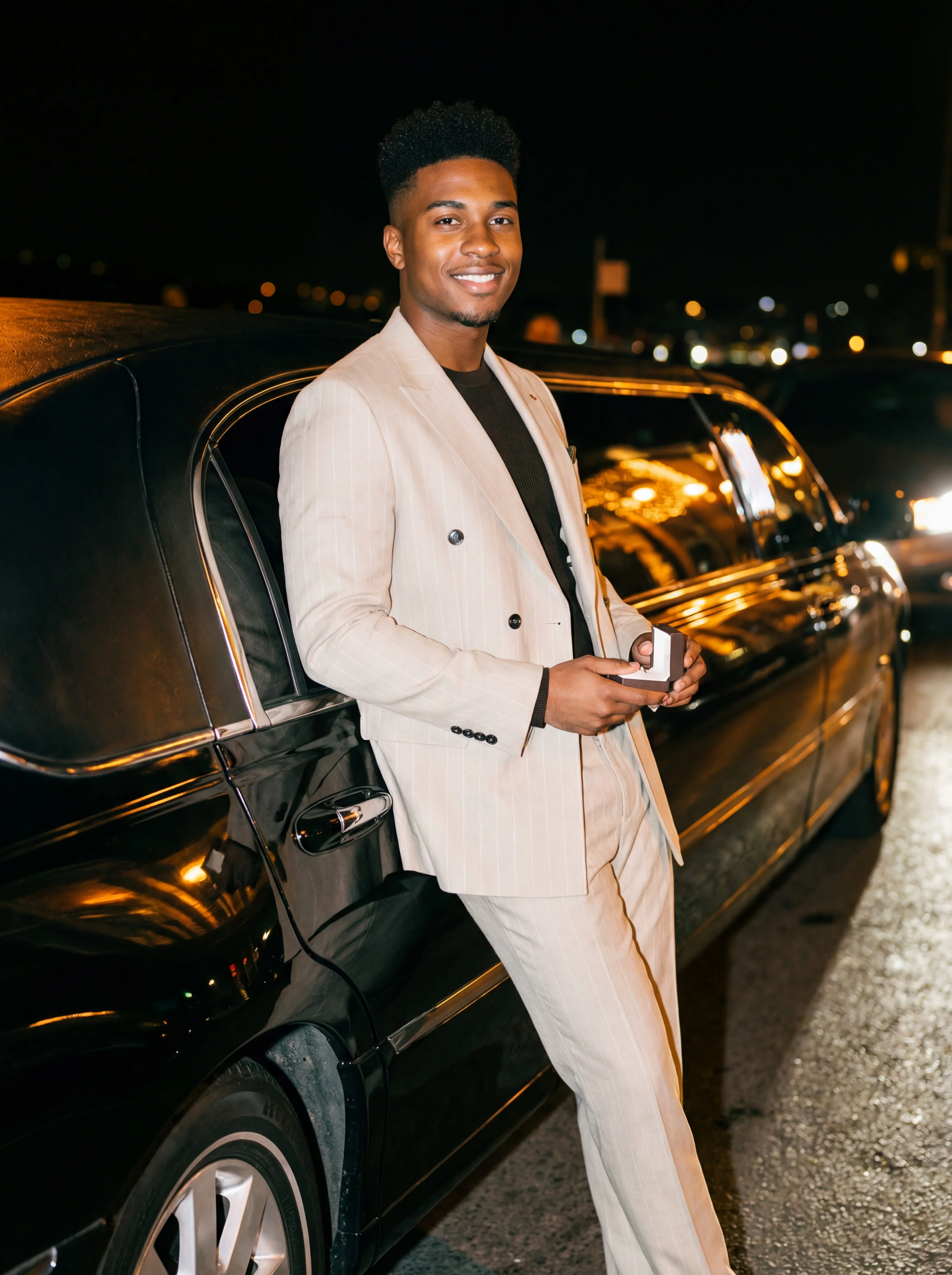 Beige Double-Breasted Pinstripe Prom Suit. - Image 3