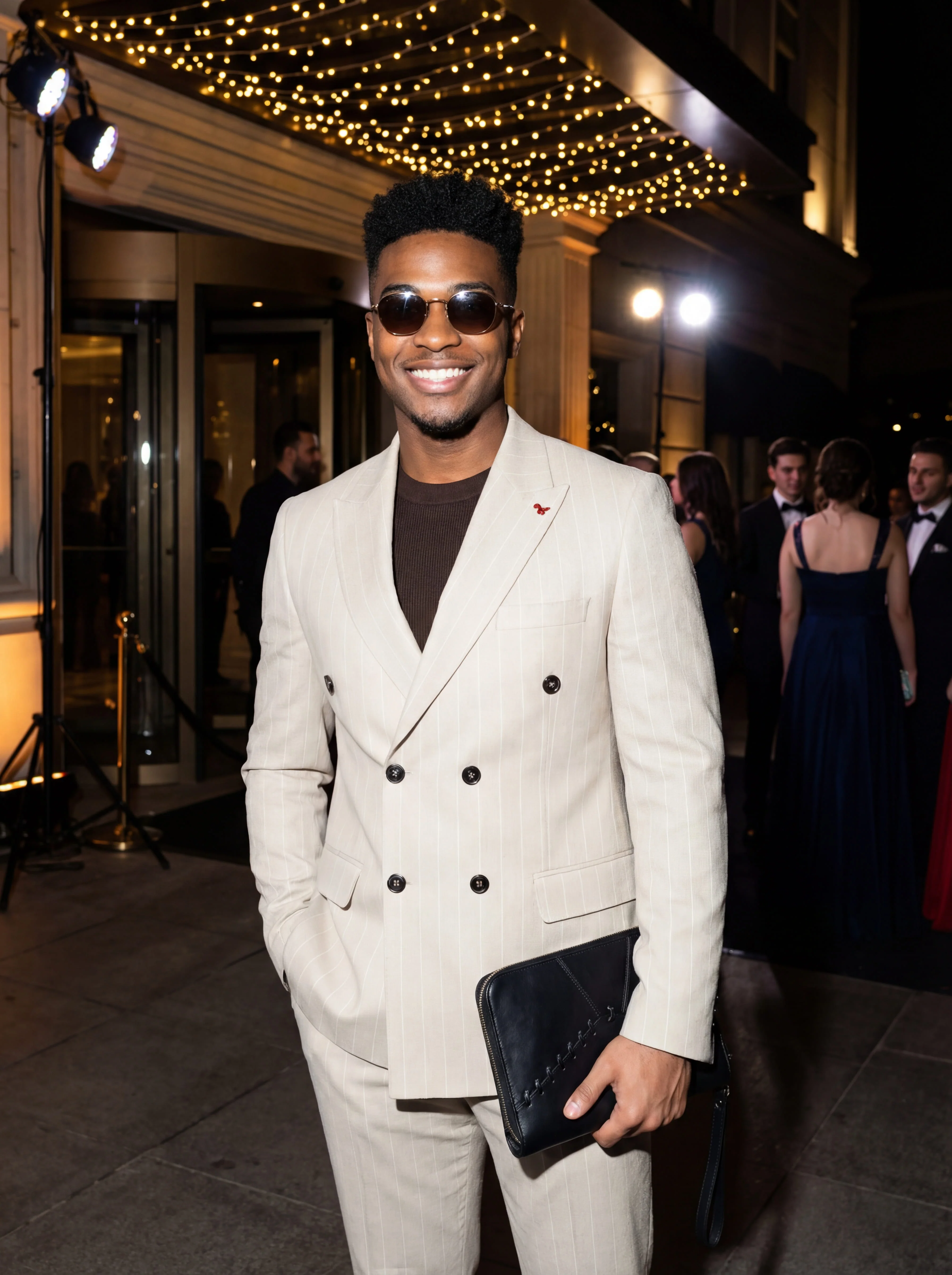 Beige Double-Breasted Pinstripe Prom Suit. - Image 4
