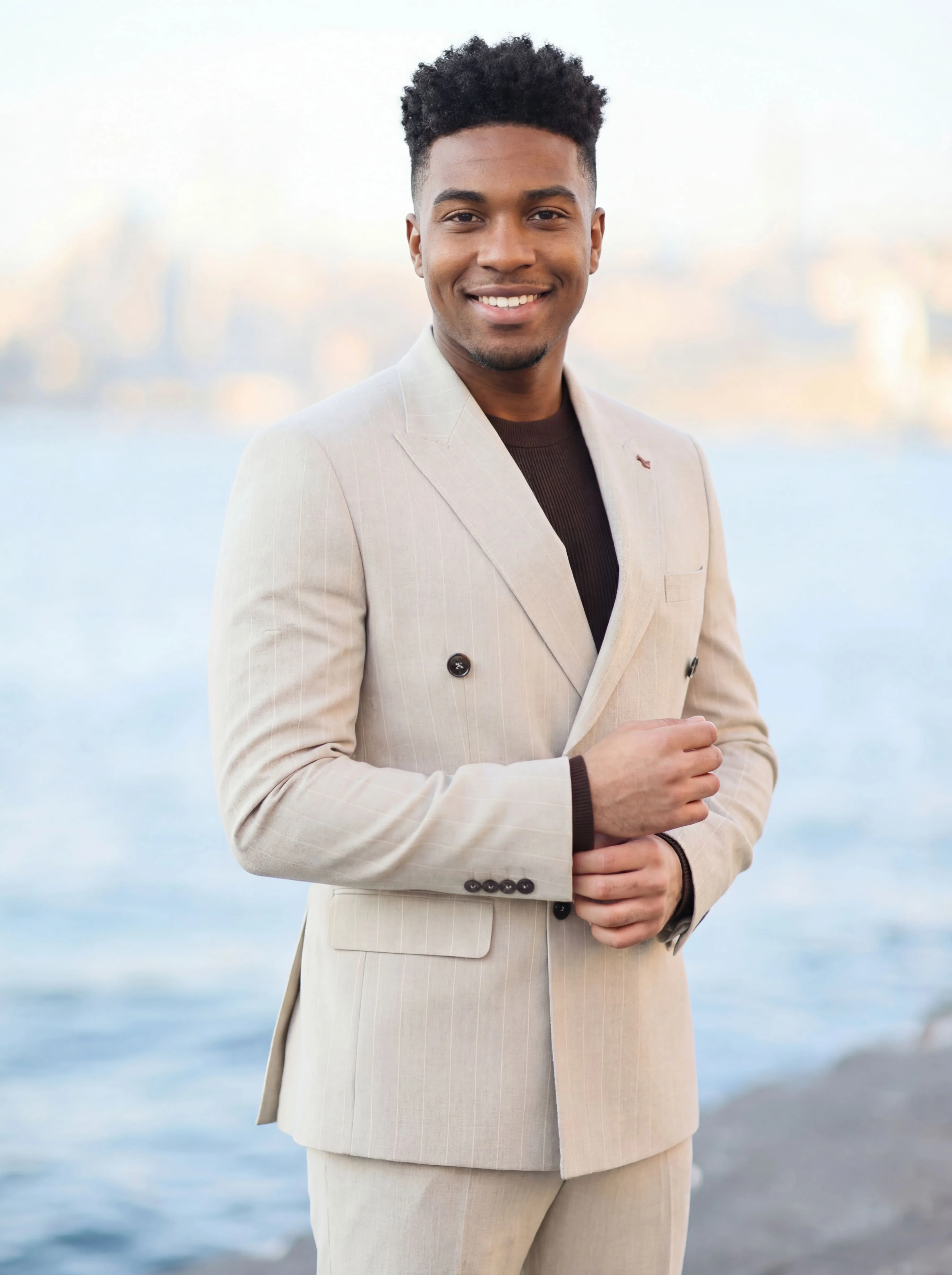 Beige Double-Breasted Pinstripe Prom Suit. - Image 6