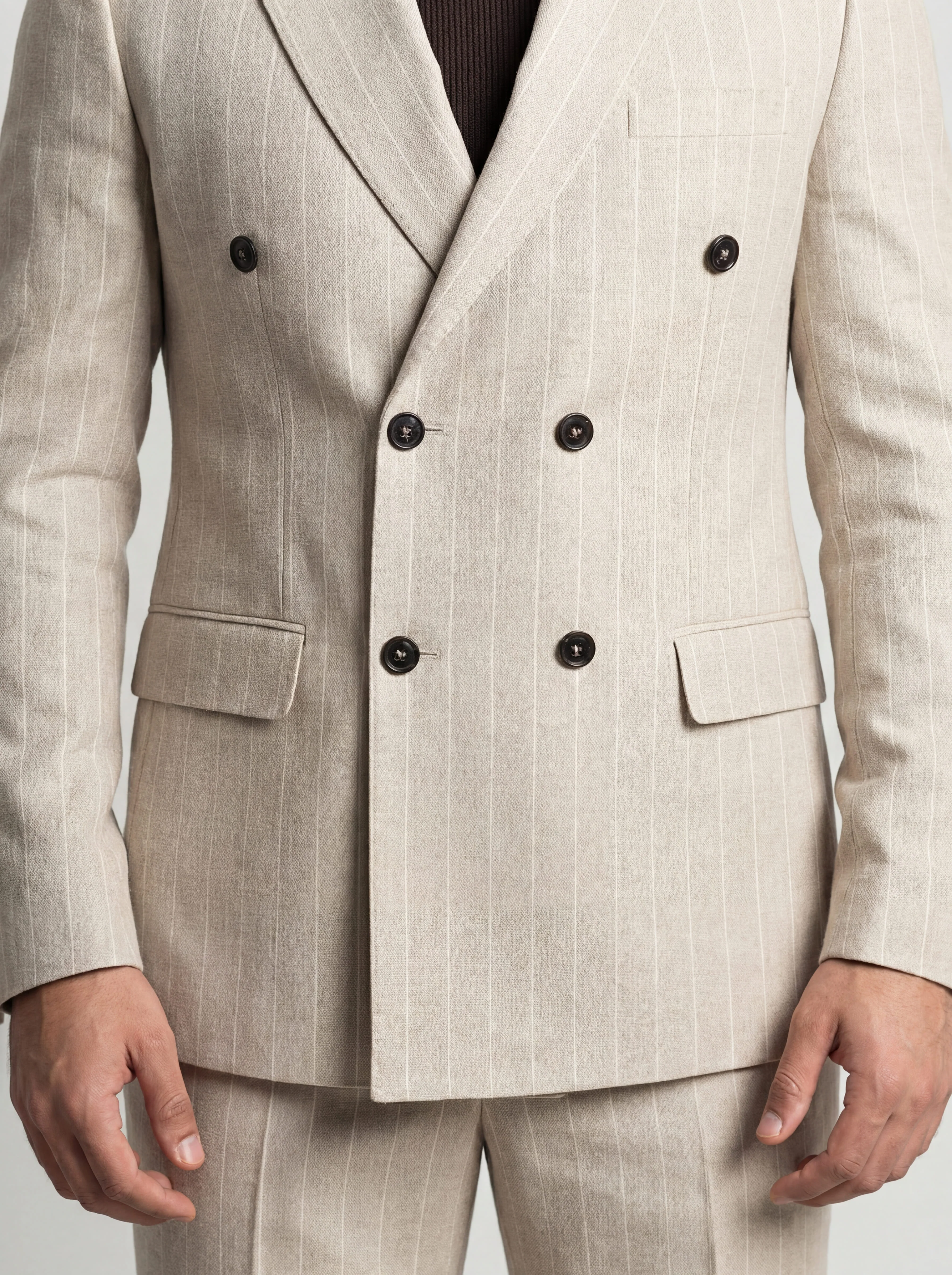 Beige Double-Breasted Pinstripe Prom Suit. - Image 7