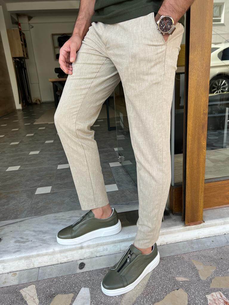 Slim Fit Casual Beige Linen Pants. - Image 4
