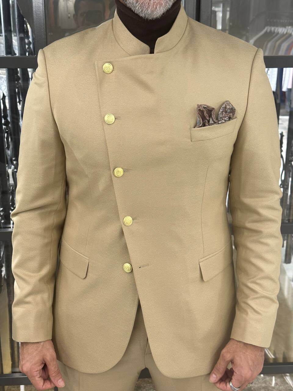 Desert Beige Mandarin Suit - Image 4