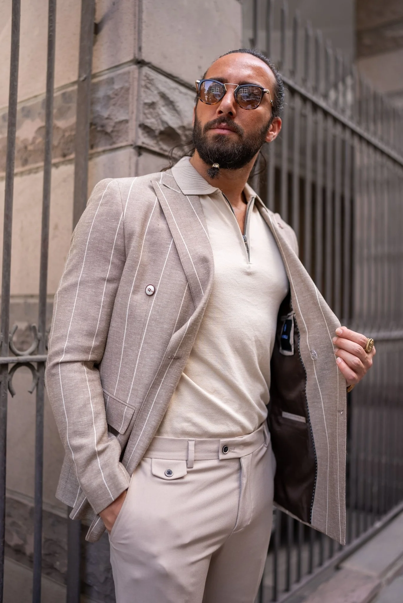 Roman Beige Patterned Double Breasted Jacket - Image 3