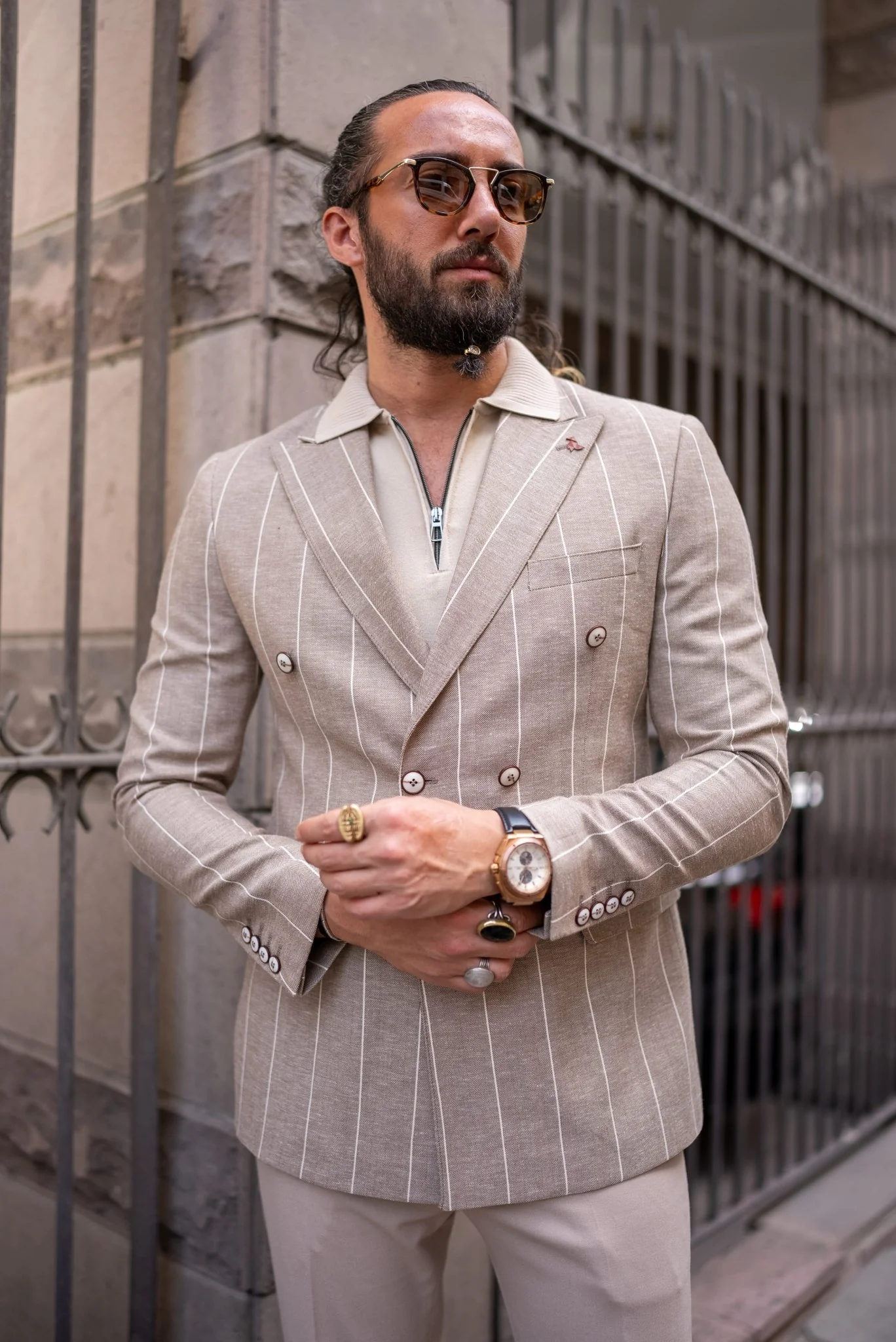 Roman Beige Patterned Double Breasted Jacket - Image 4