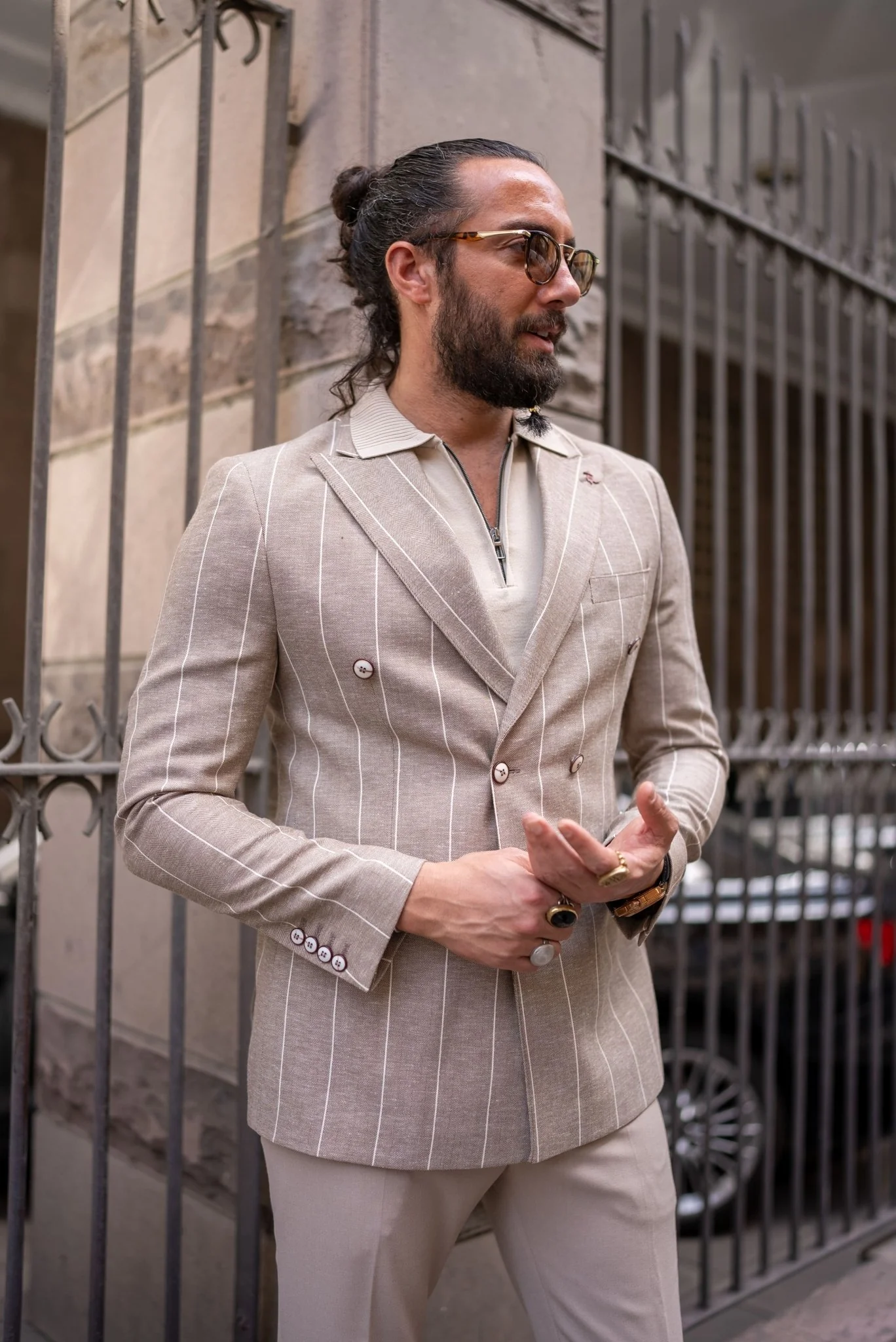 Roman Beige Patterned Double Breasted Jacket - Image 5