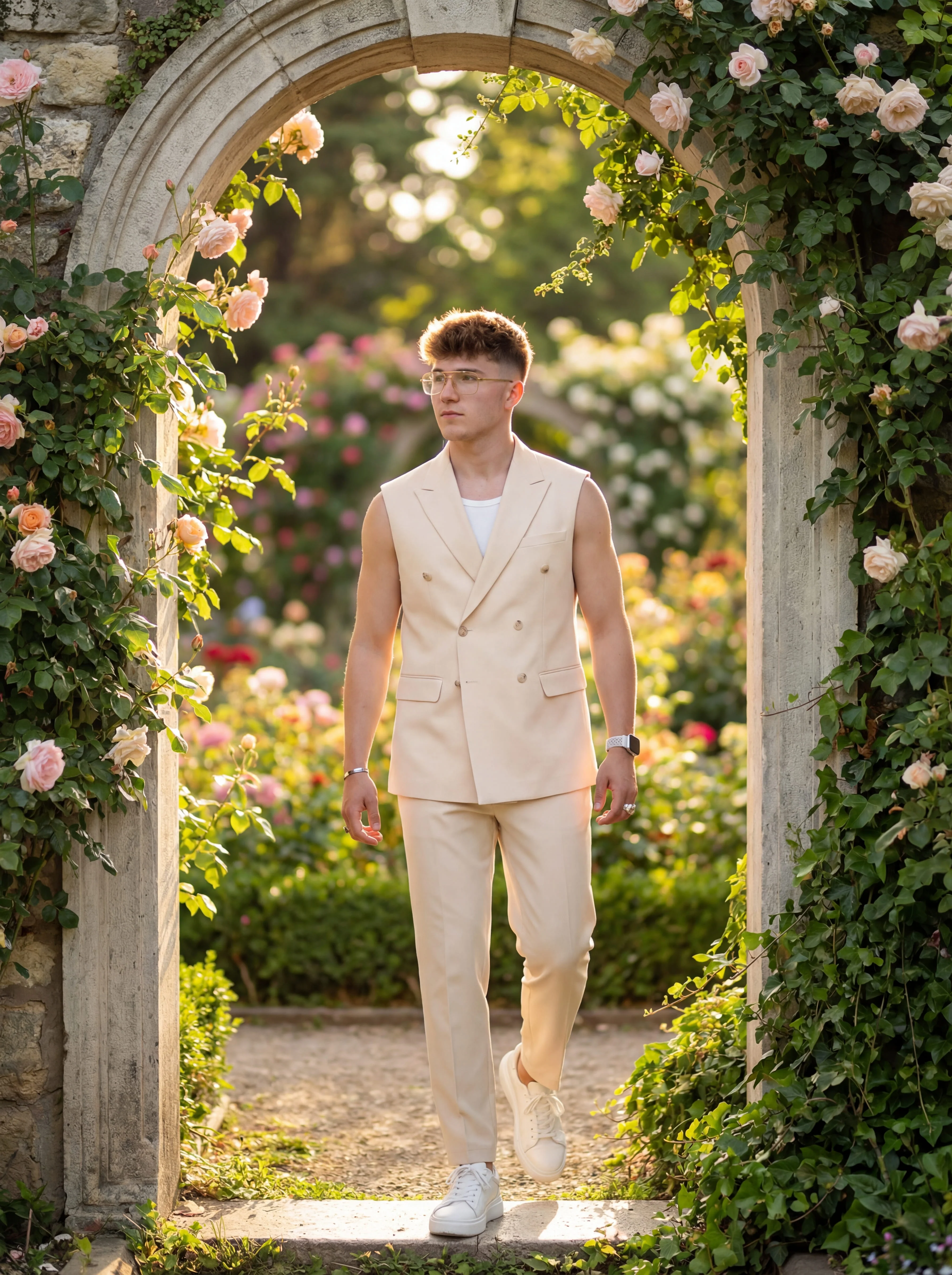Beige Sleeveless Slim Fit Prom Suit. - Image 3