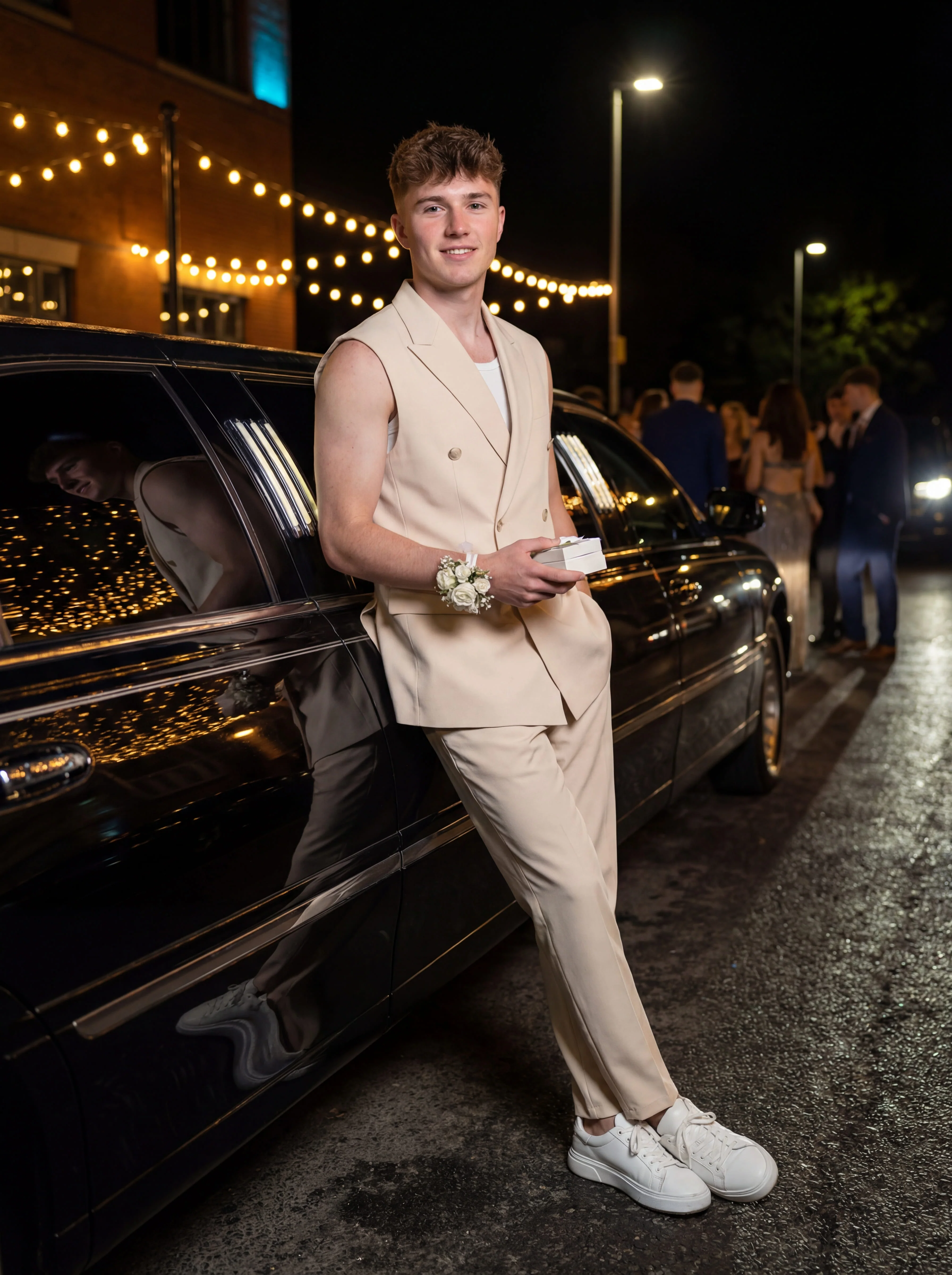 Beige Sleeveless Slim Fit Prom Suit. - Image 5