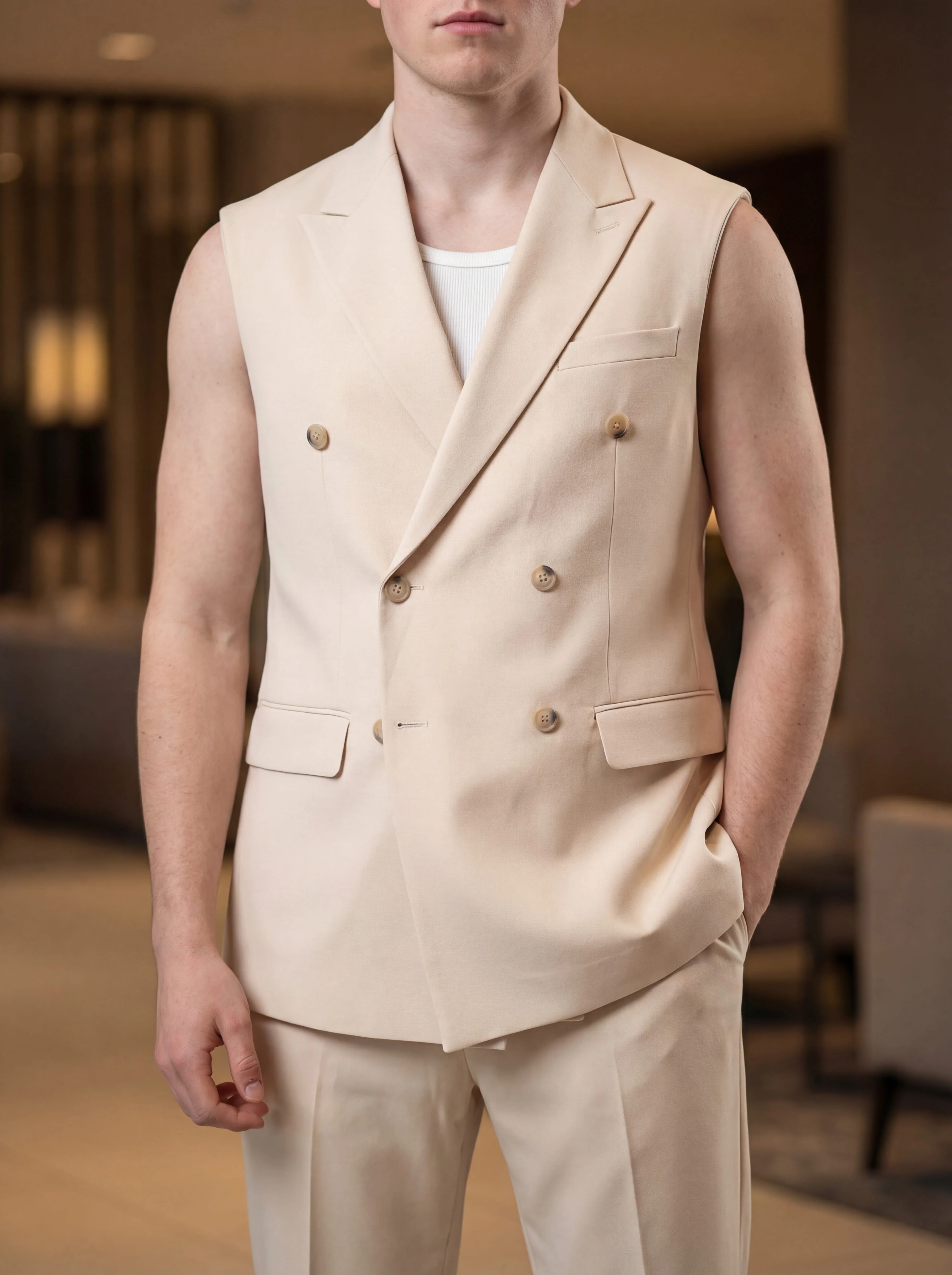 Beige Sleeveless Slim Fit Prom Suit. - Image 7