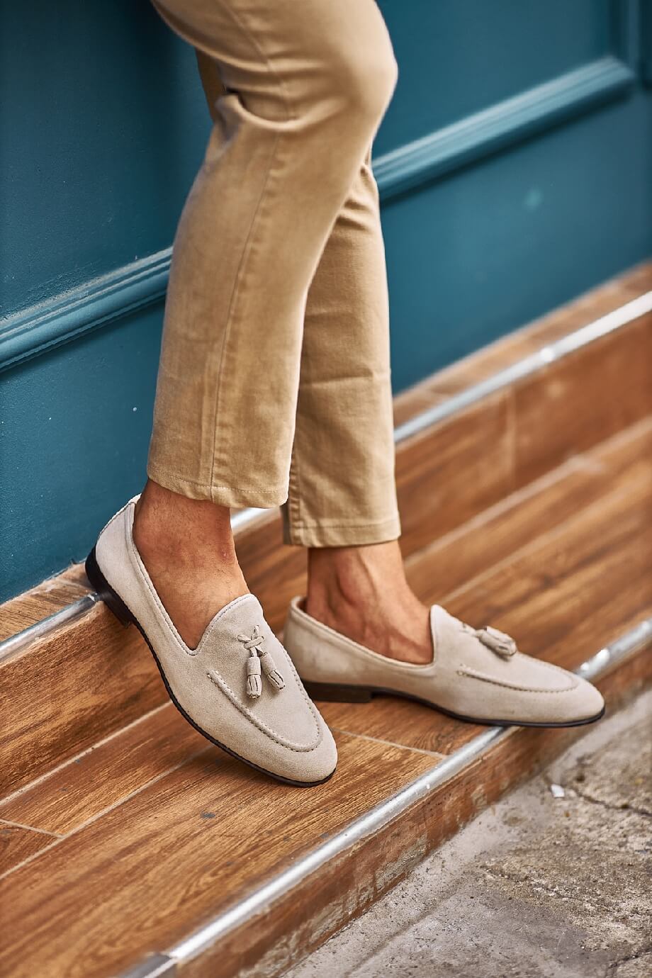 Suede Beige Tassel Loafers - Image 6
