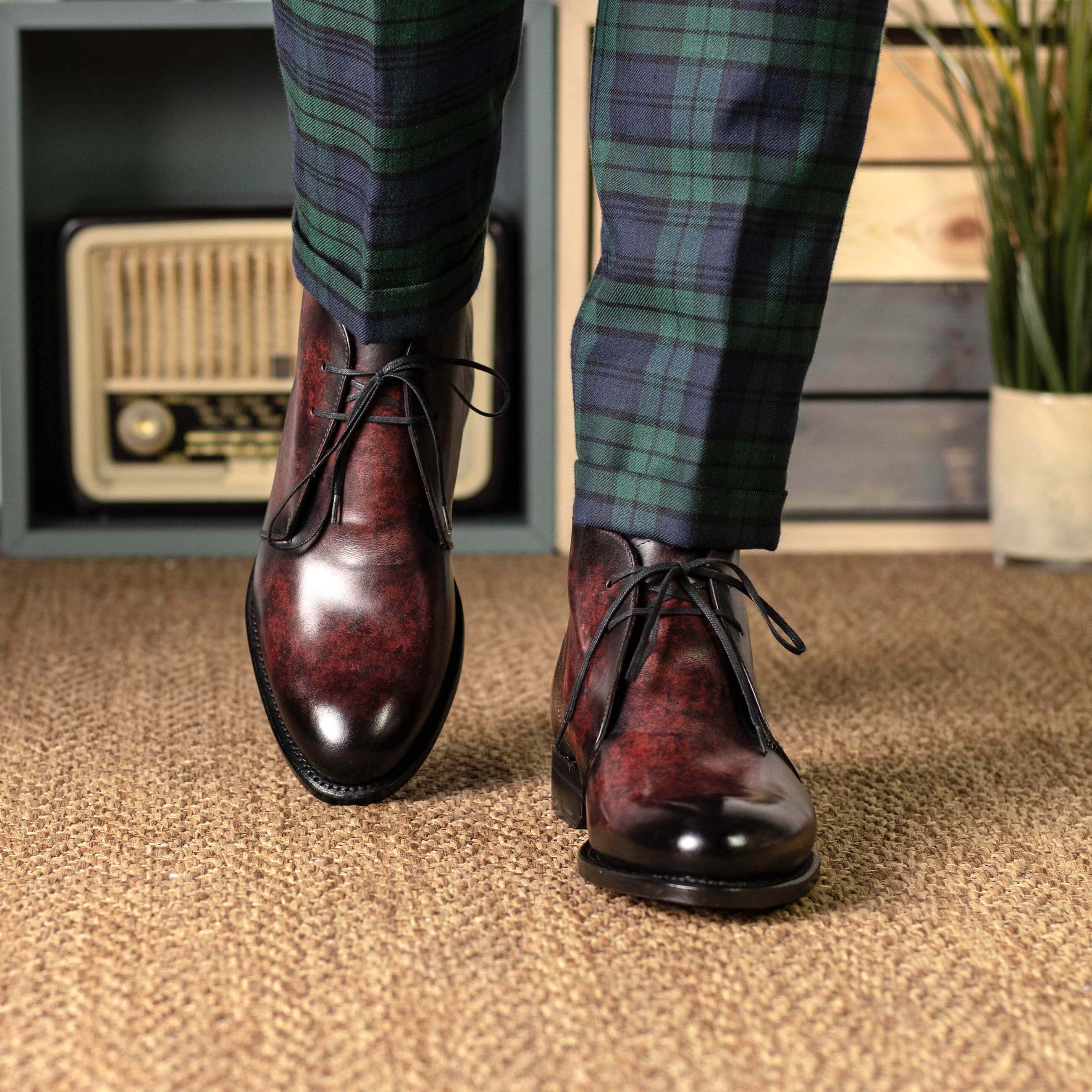 Bespoke Burgundy Patina Leather Chukka Boots.