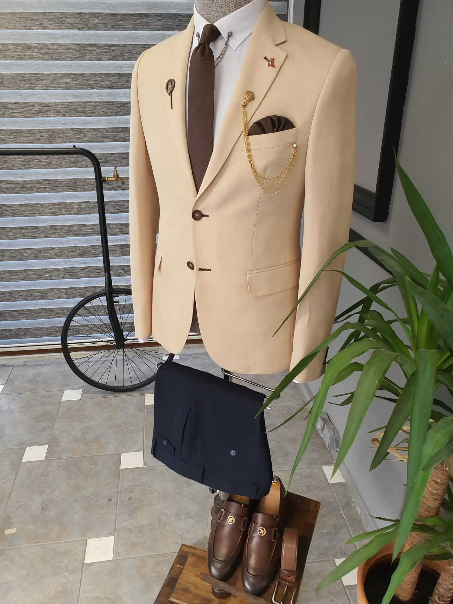 HolloMen Bjorn Slim Fit Beige Cotton Linen Suit - Image 5