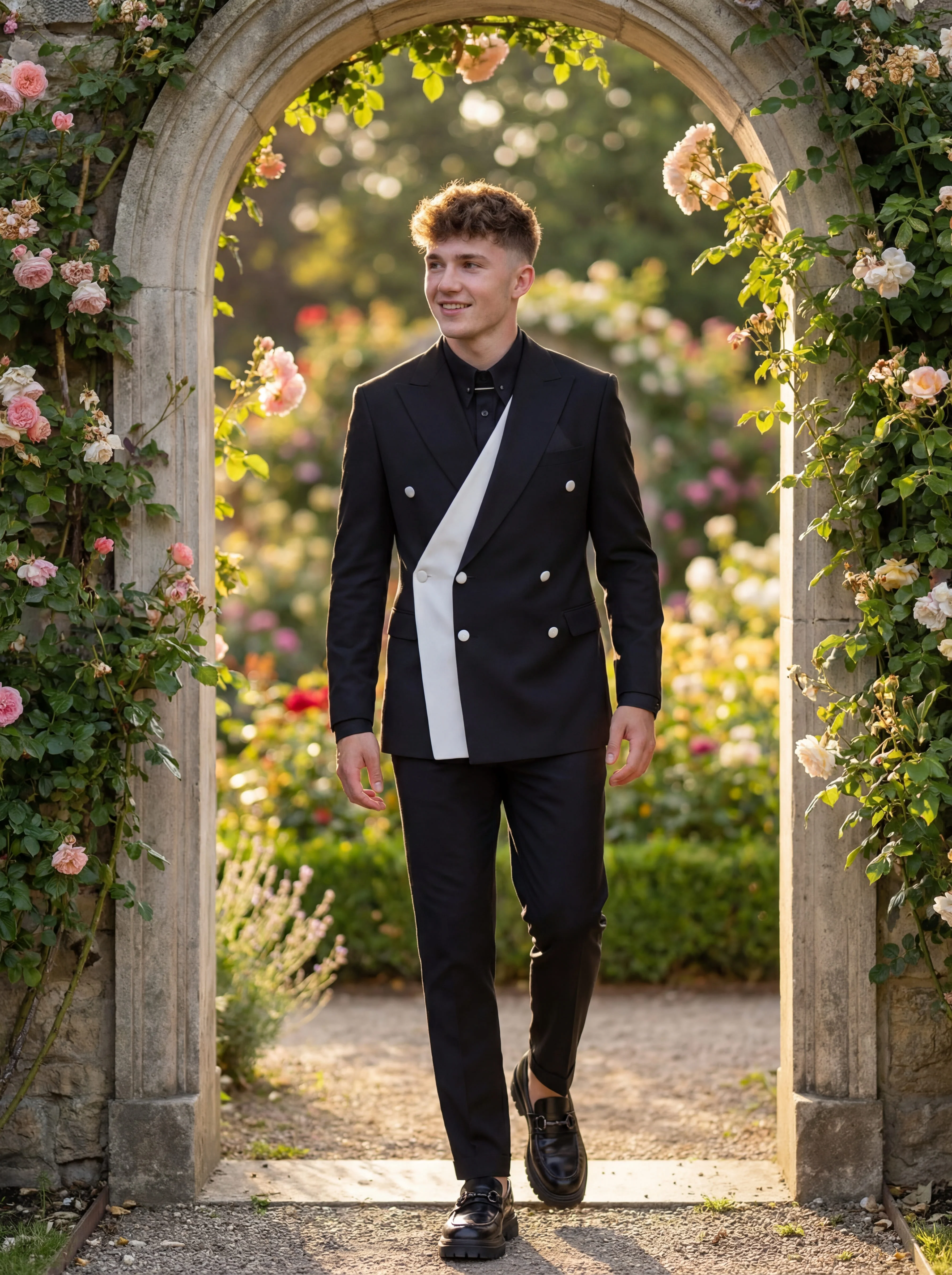 Black Contrast Panel Double-Breasted Prom Suit. - Image 3