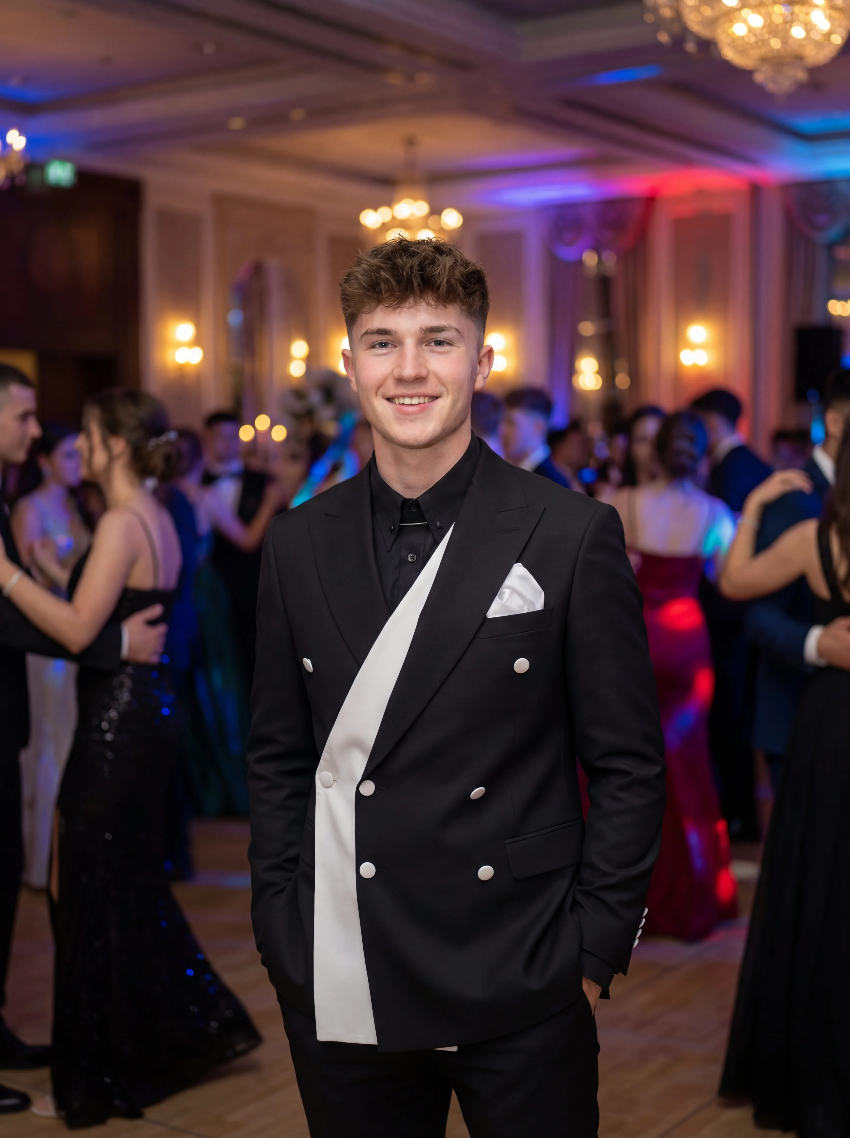 Black Contrast Panel Double-Breasted Prom Suit. - Image 5