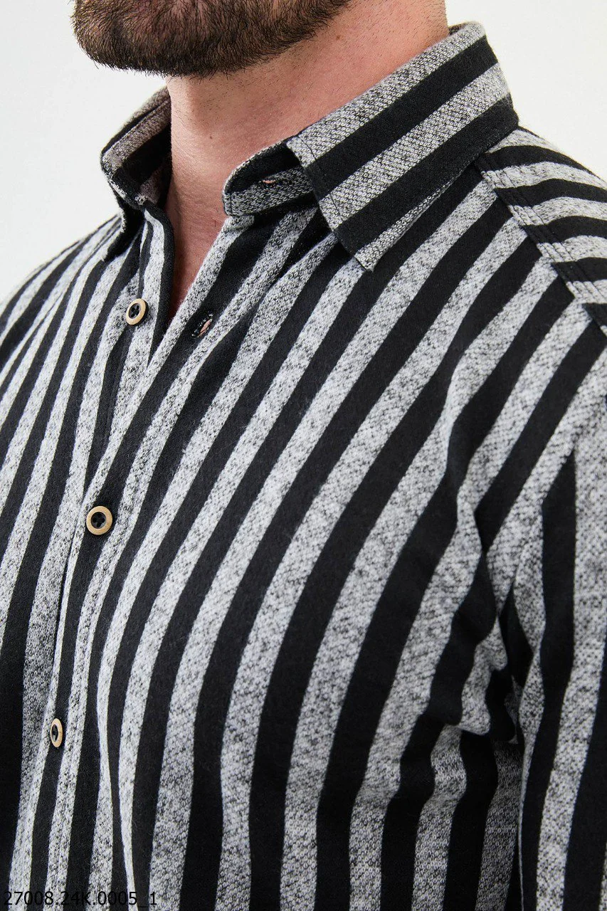 Black-Gray Striped Long Sleeve Shirt for Men. - Image 2