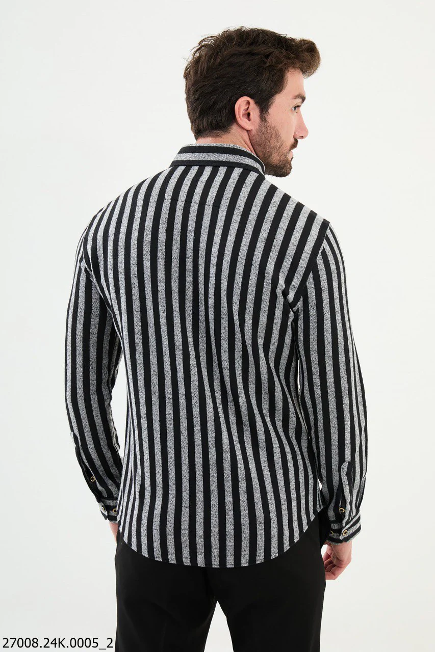 Black-Gray Striped Long Sleeve Shirt for Men. - Image 3