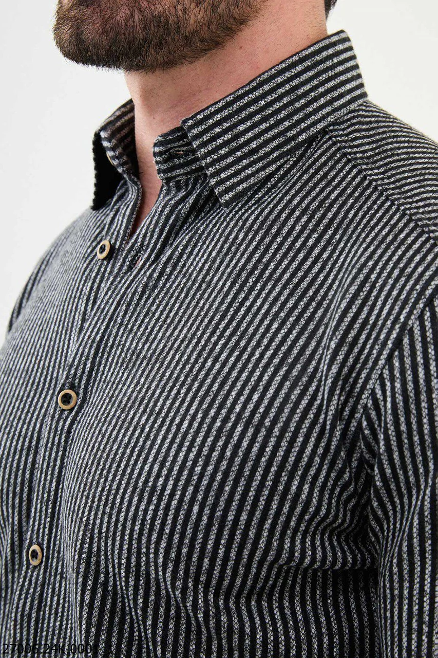 Black-Gray Striped Men's Fall-Winter Shirt. - Image 2