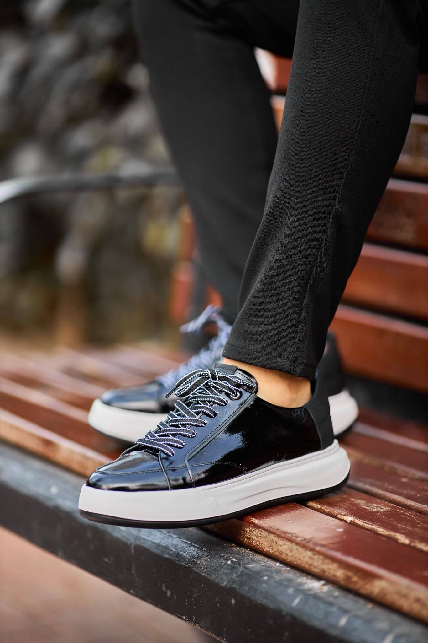 Black Patent Leather Platform Sneakers.