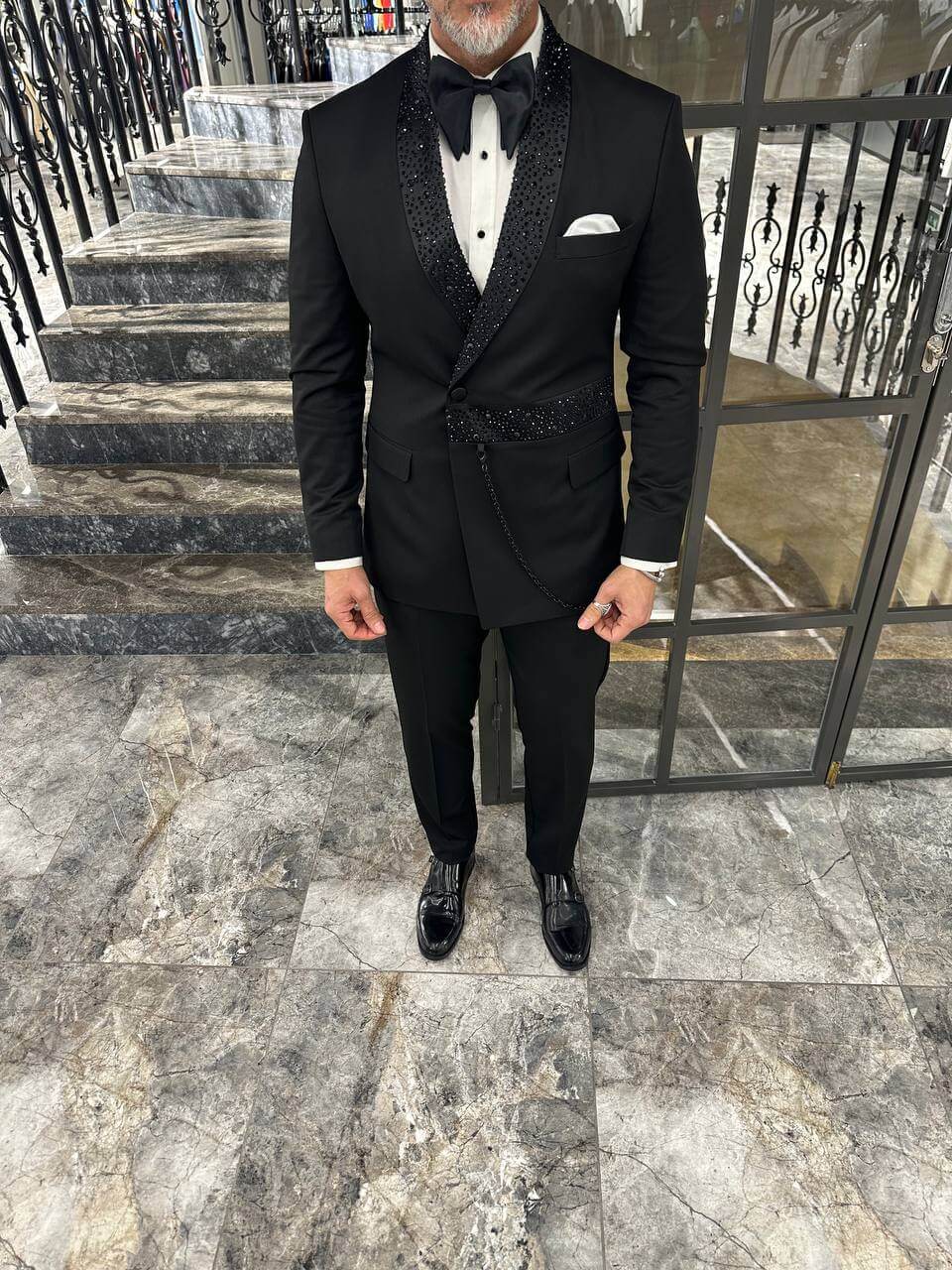 Black Sequin Embellished Shawl Lapel Tuxedo Suit for Men - Image 7