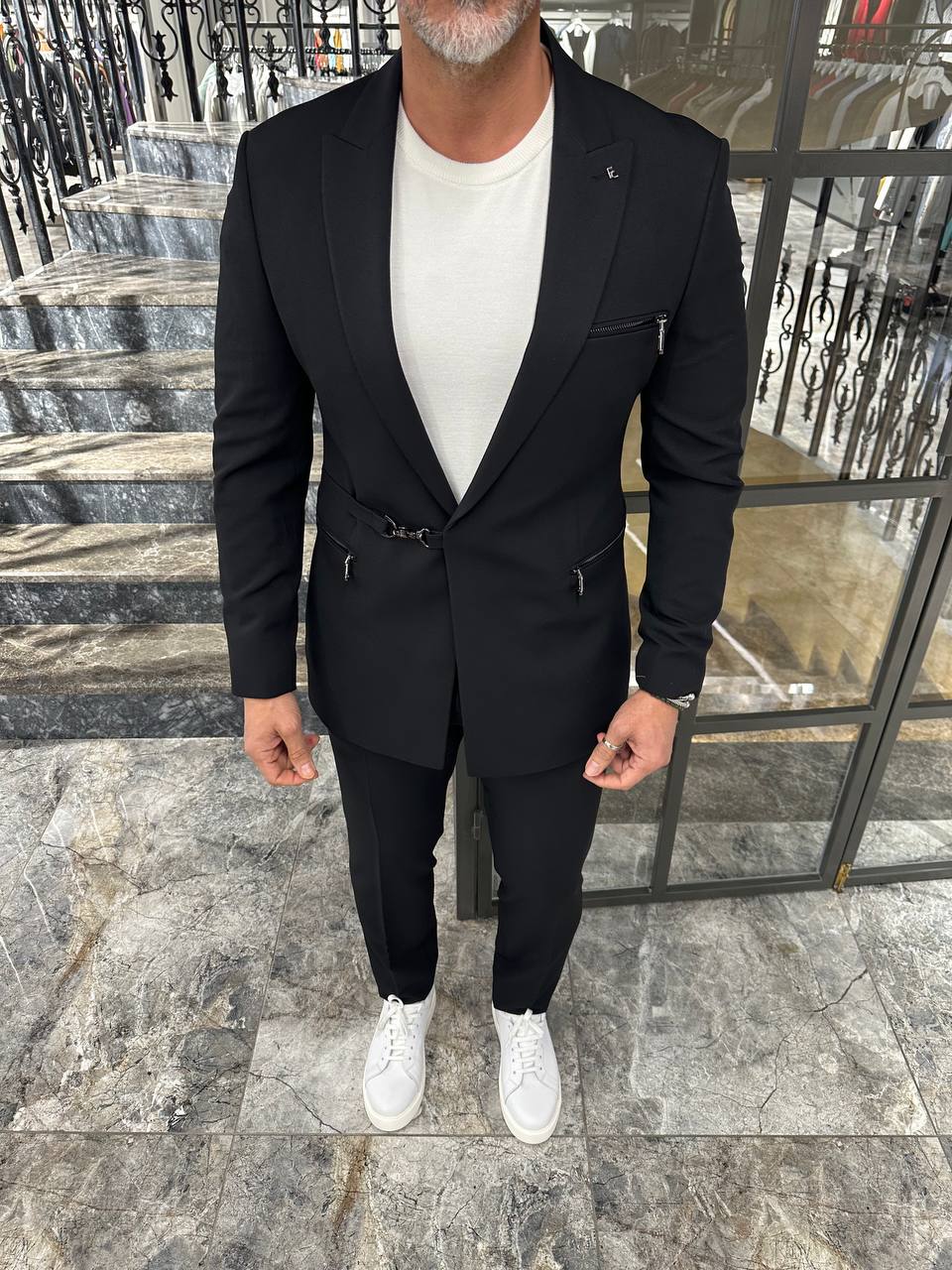 HolloMen Slim Fit Single-Breasted Black Suit with Buckle Closure - Image 6