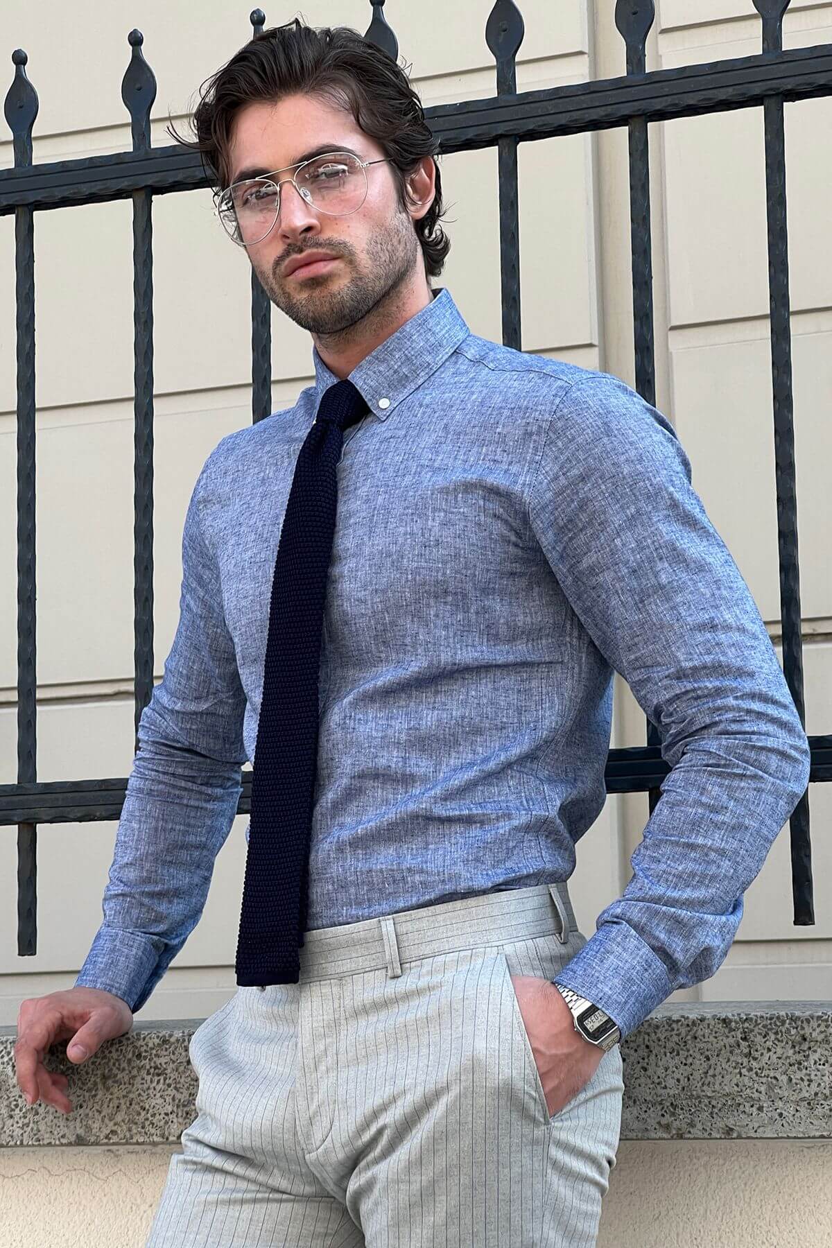 Slim-Fit Blue Cotton Shirt - Image 4
