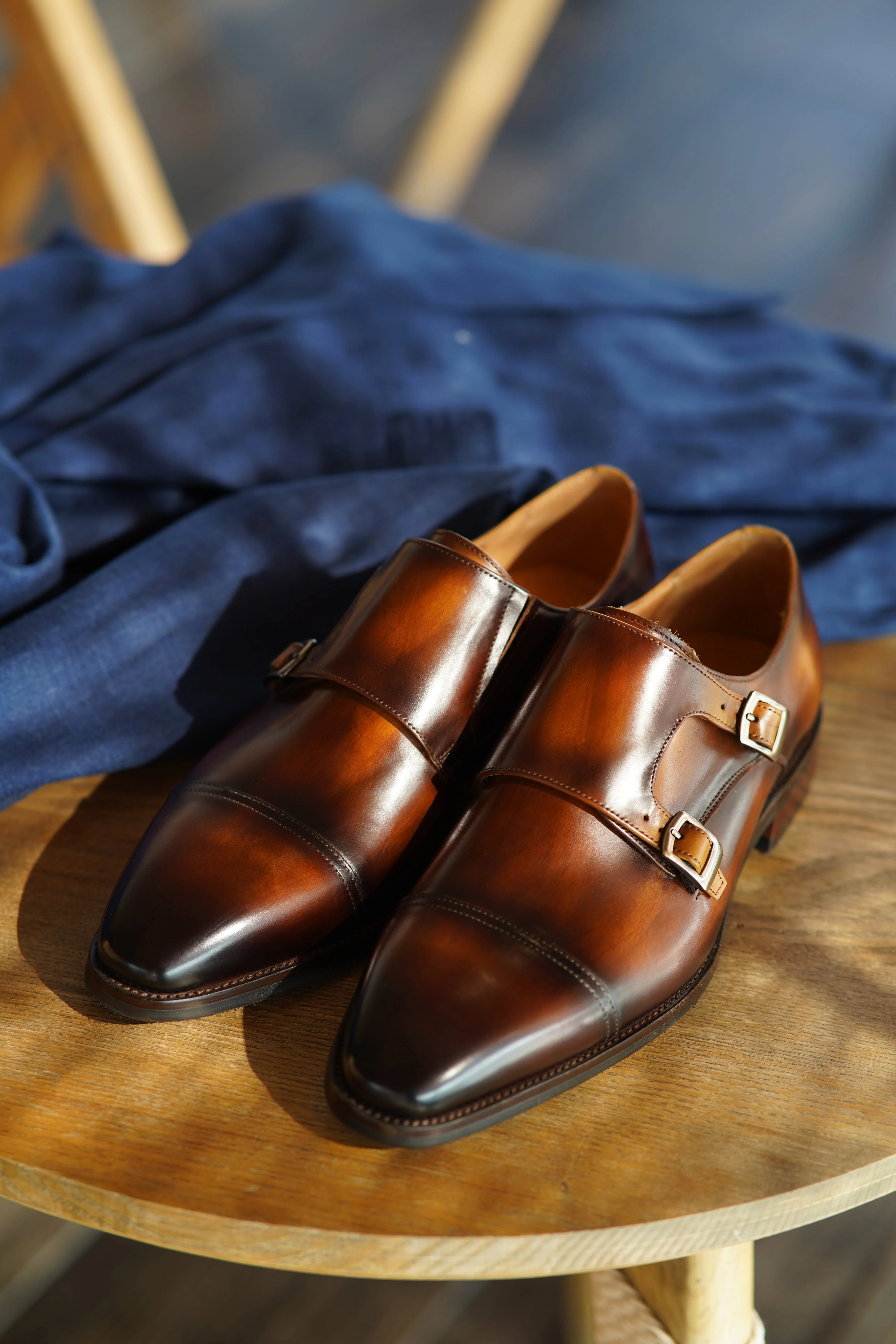 Brown Leather Double Monk Strap Shoes for Men - Image 4
