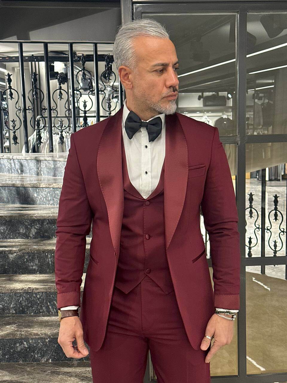 Burgundy Satin 3-Piece Tuxedo Suit for Men - Image 5
