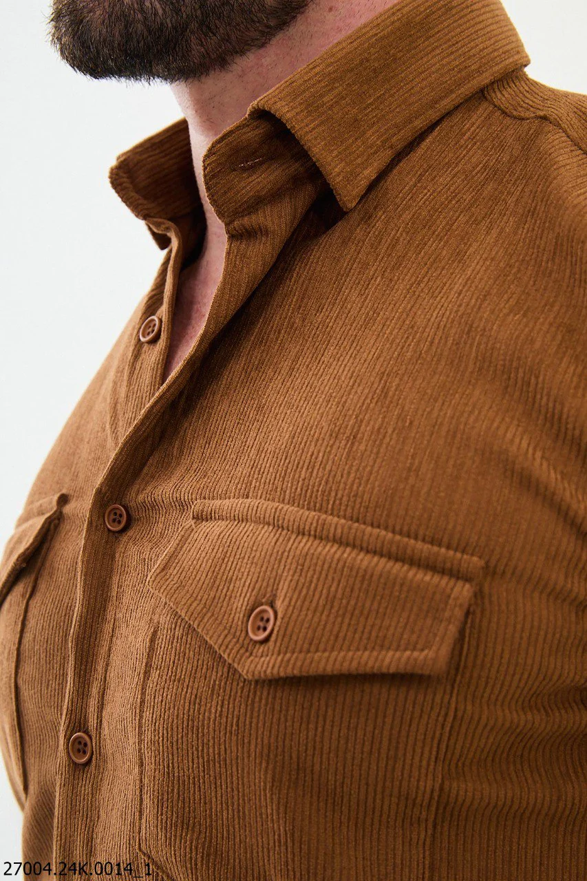 Camel Corduroy Button-Up Shirt with Dual Chest Pockets. - Image 2