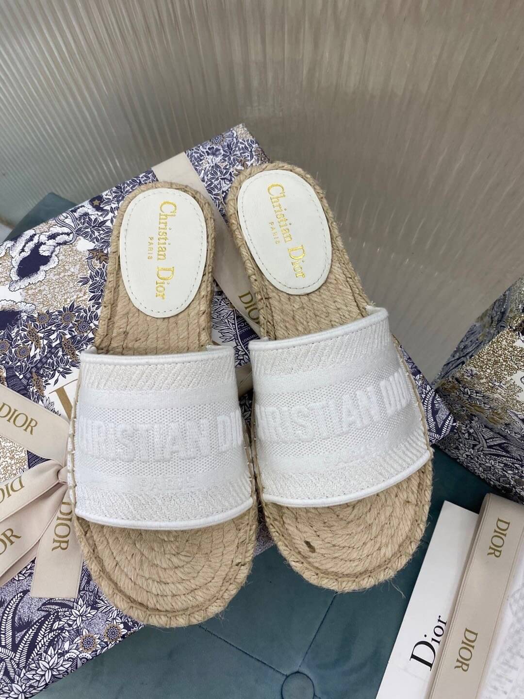 Christian Dior Canvas Embroidered Granville Espadrille Flat Slide Sandals Grey - Image 6