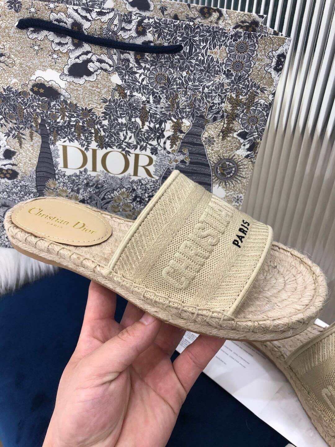 Christian Dior Canvas Embroidered Granville Espadrille Flat Slide Sandals Ivory - Image 9