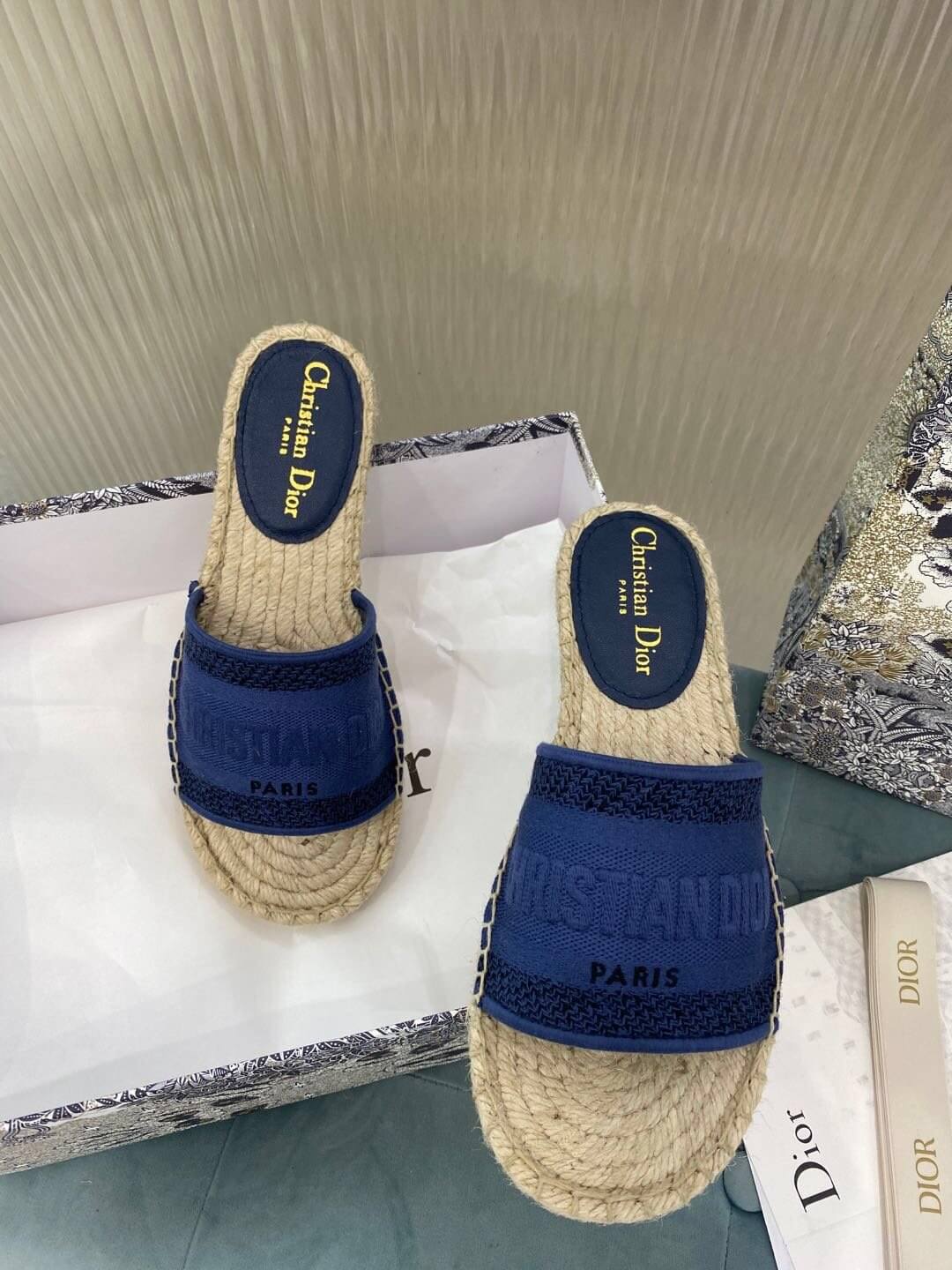 Christian Dior Canvas Embroidered Granville Espadrille Flat Slide Sandals Navy Blue - Image 7