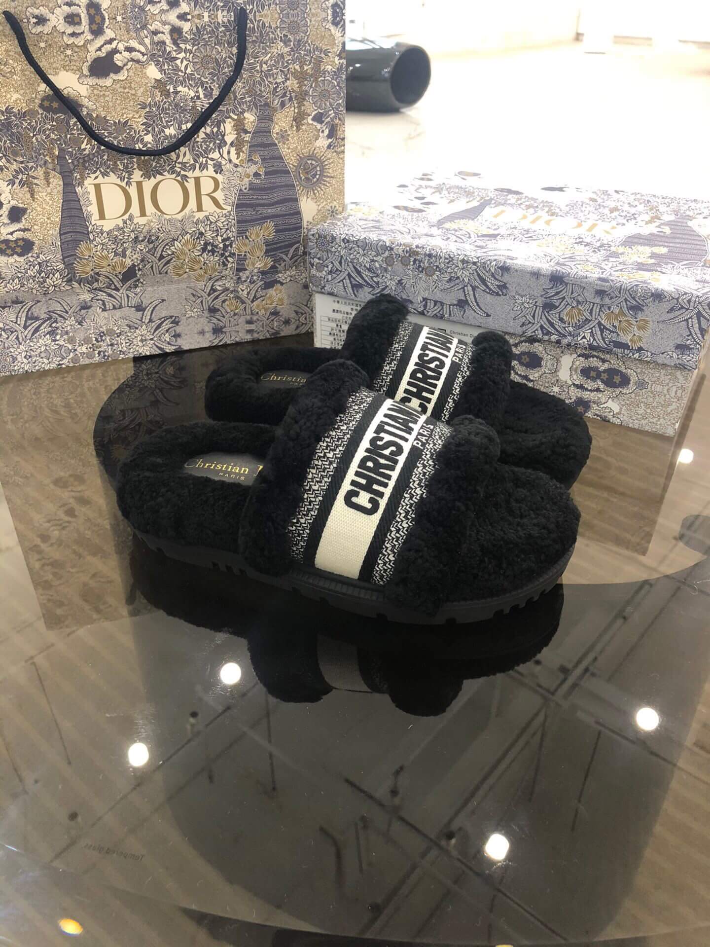 Christian Dior Dway Black Shearling Fur Logo Chunky Slide - Image 8