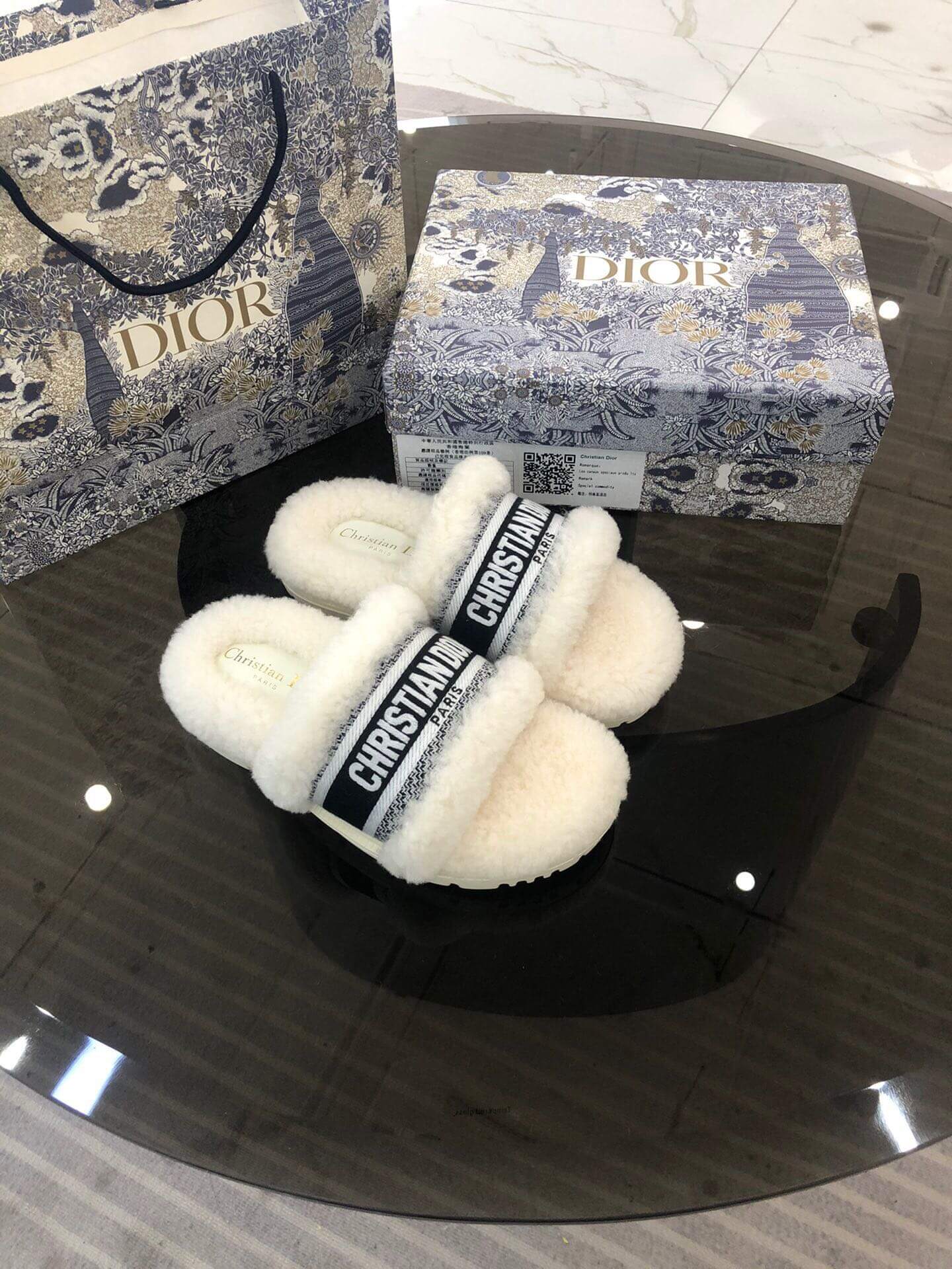 Christian Dior Dway Black White Shearling Fur Logo Chunky Slide - Image 9