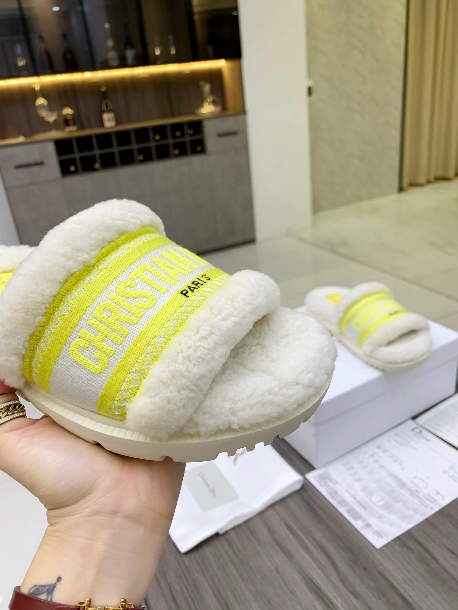 Christian Dior Dway Green White Shearling Fur Logo Chunky Slide - Image 5