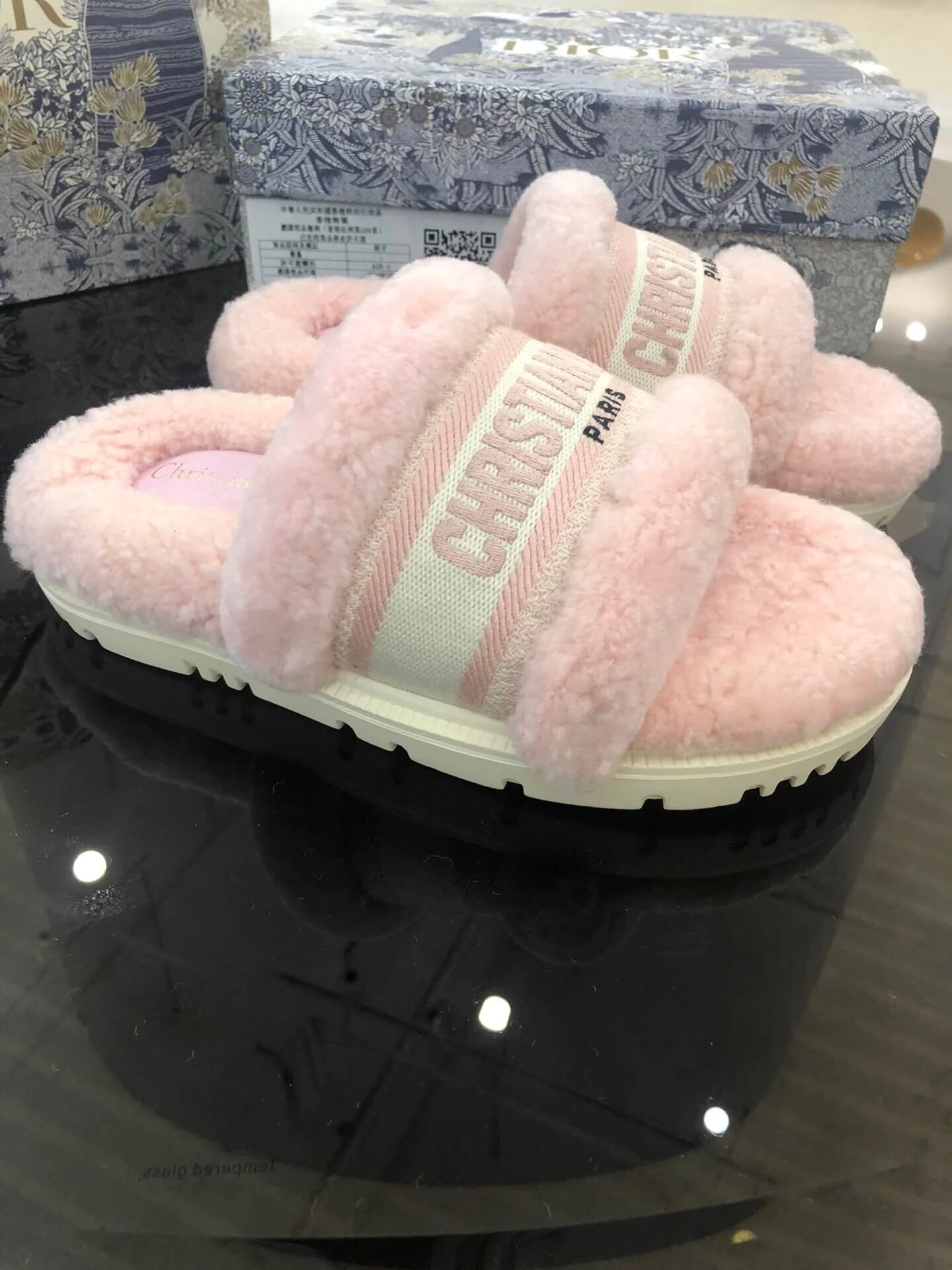 Christian Dior Dway Pink Shearling Fur Logo Chunky Slide - Image 6