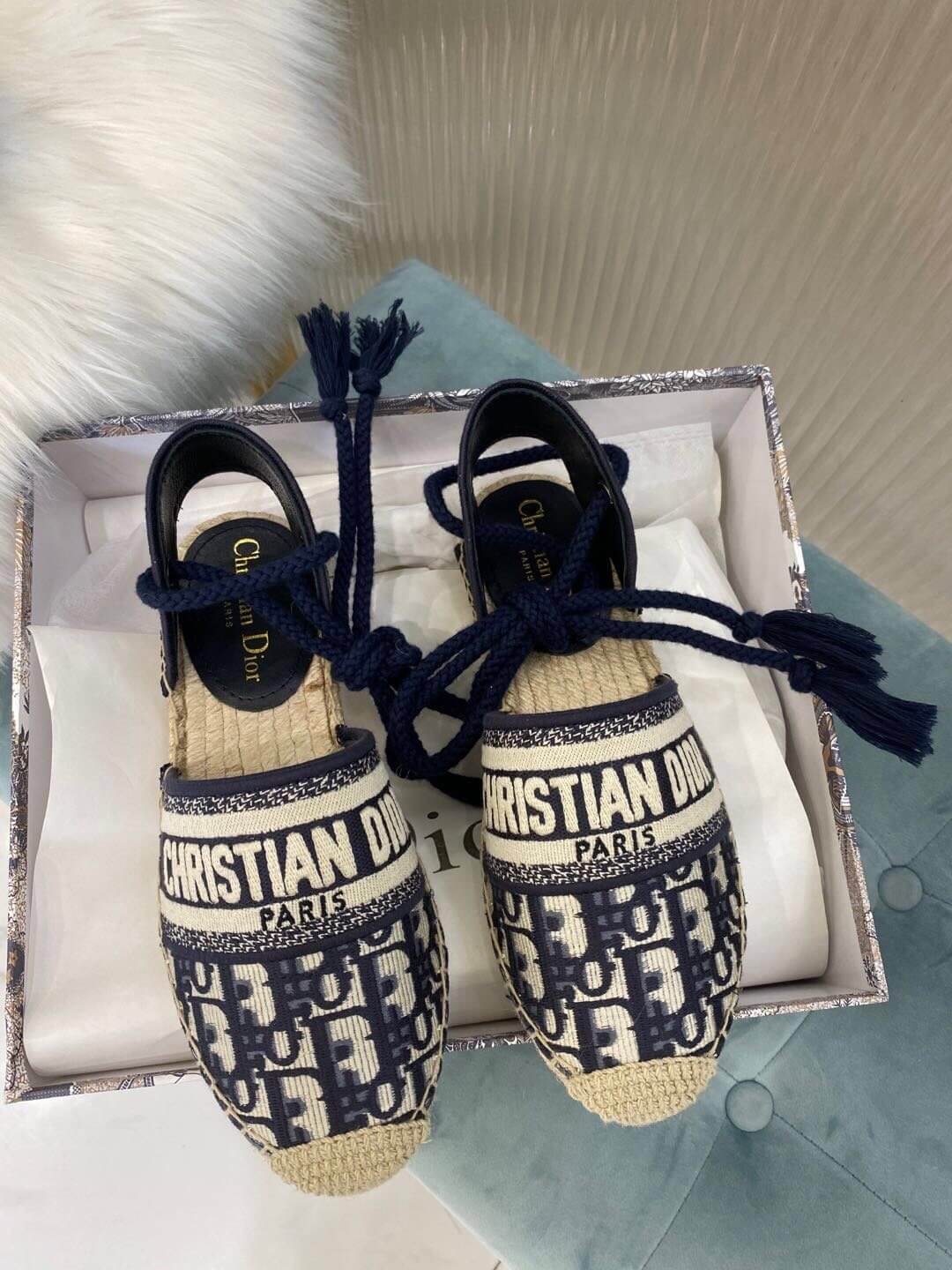 Christian Dior Granville Espadrille Sandal Black with Beige Dior Prints