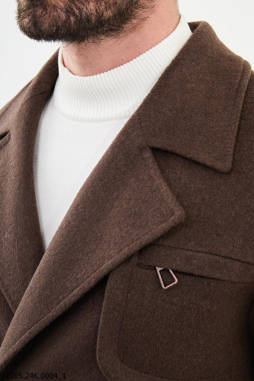 Classic Brown Belted Overcoat with Asymmetrical Button. - Image 3