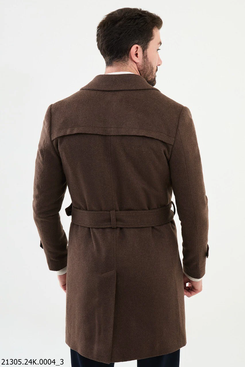 Classic Brown Belted Overcoat with Asymmetrical Button. - Image 4