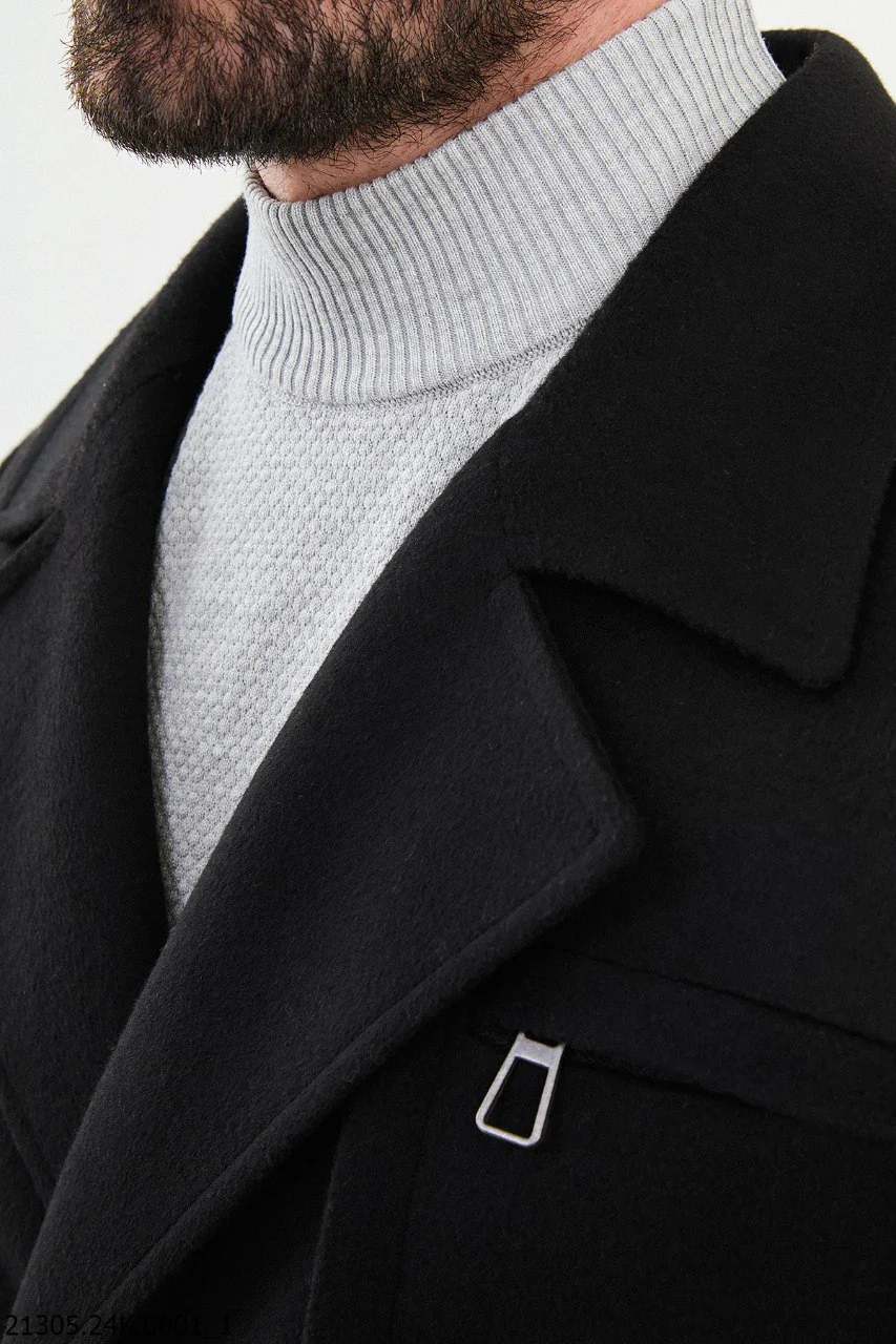 Classic Men's Black Belted Overcoat with Asymmetrical Button. - Image 3