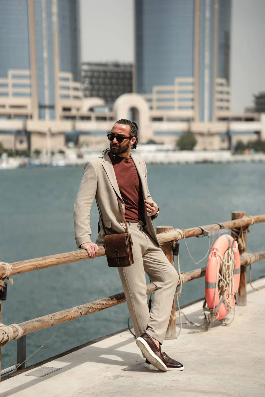 Mykonos Breeze Beige Mono Collar Summer Suit. - Image 5