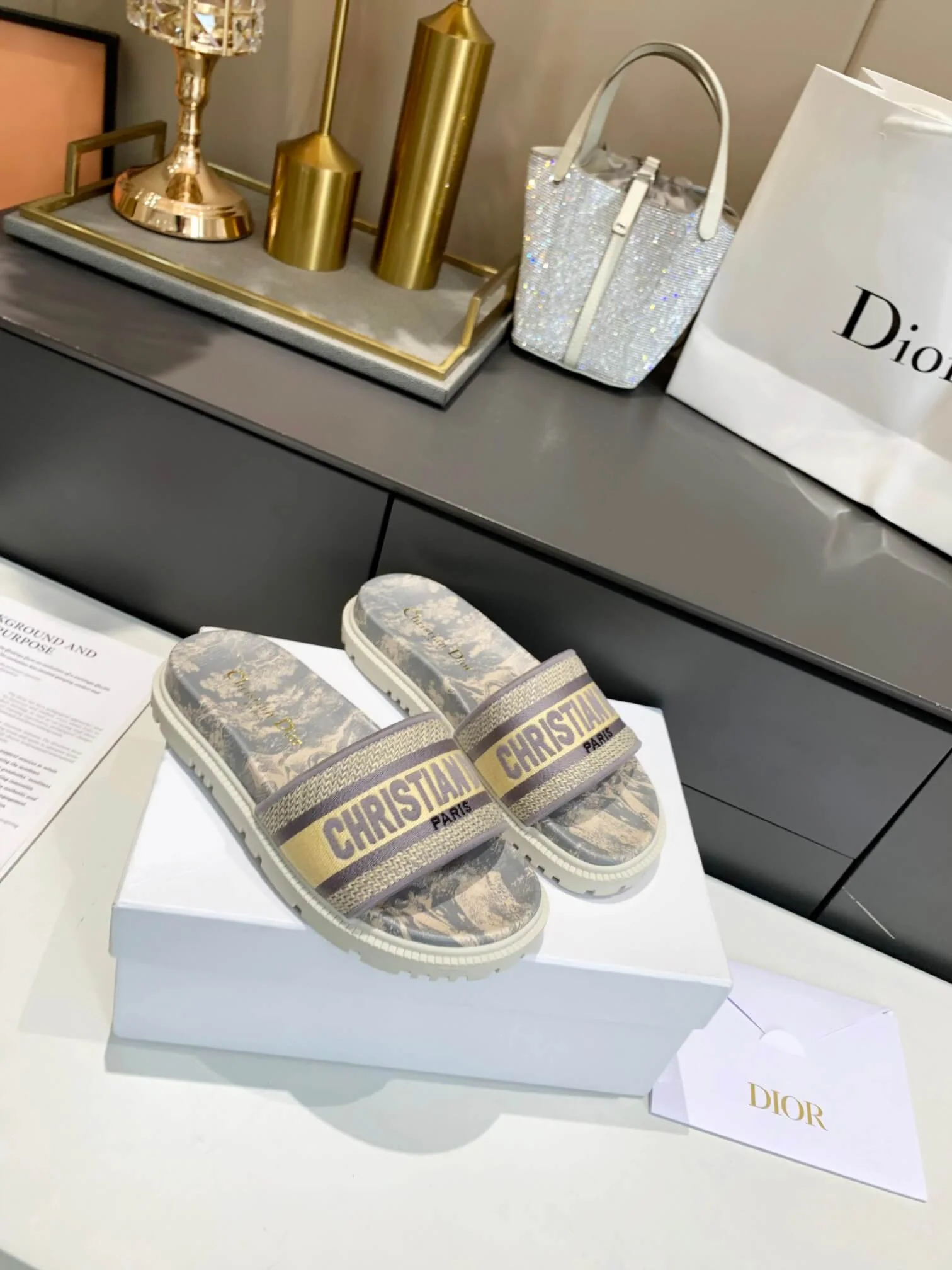 Dior D-Way Beige Toile de Jouy with Light Gold Embroidered Strap Slides - Image 9