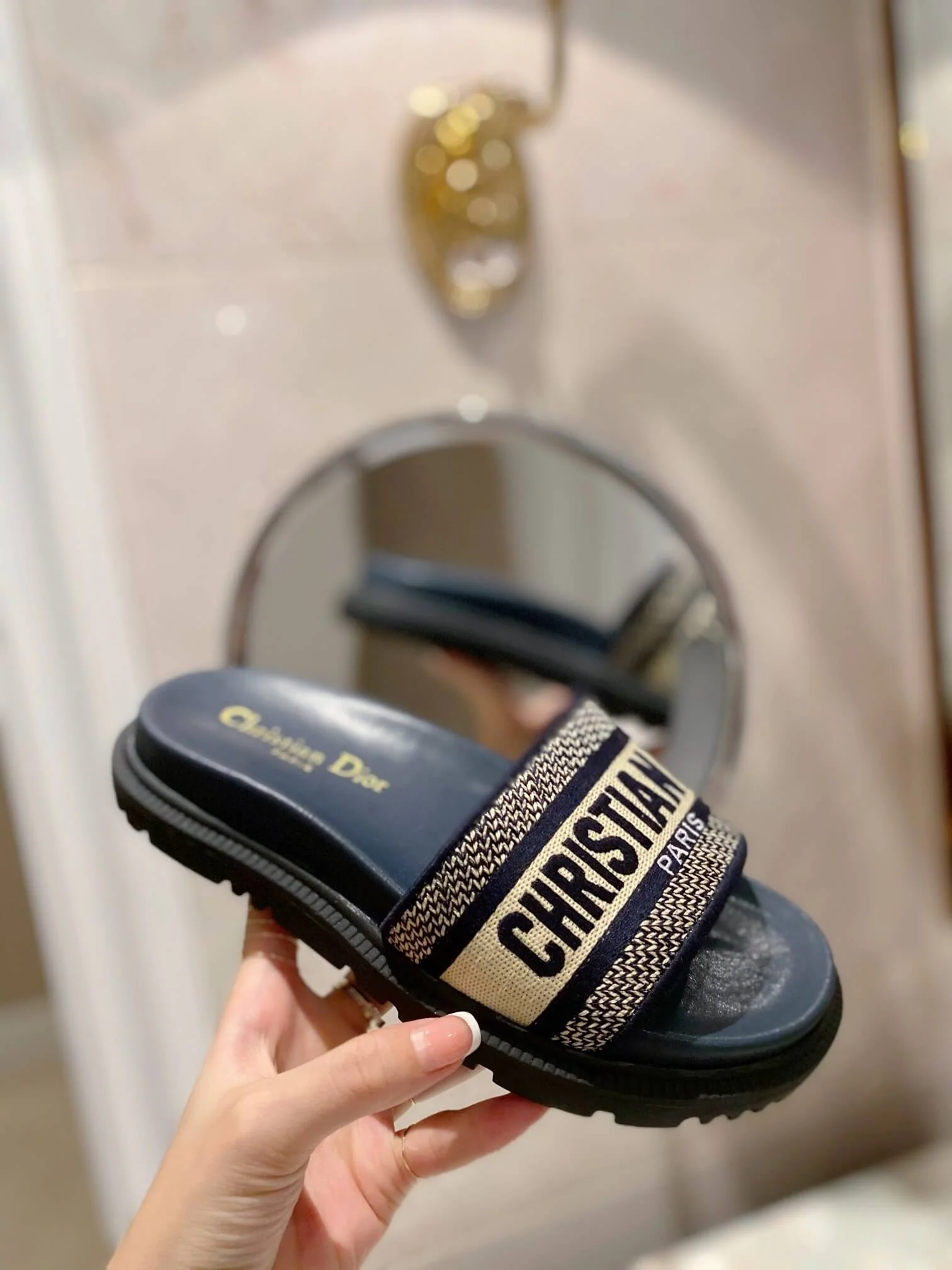 Dior D-Way Black with Gold Embroidered Strap Slides - Image 2